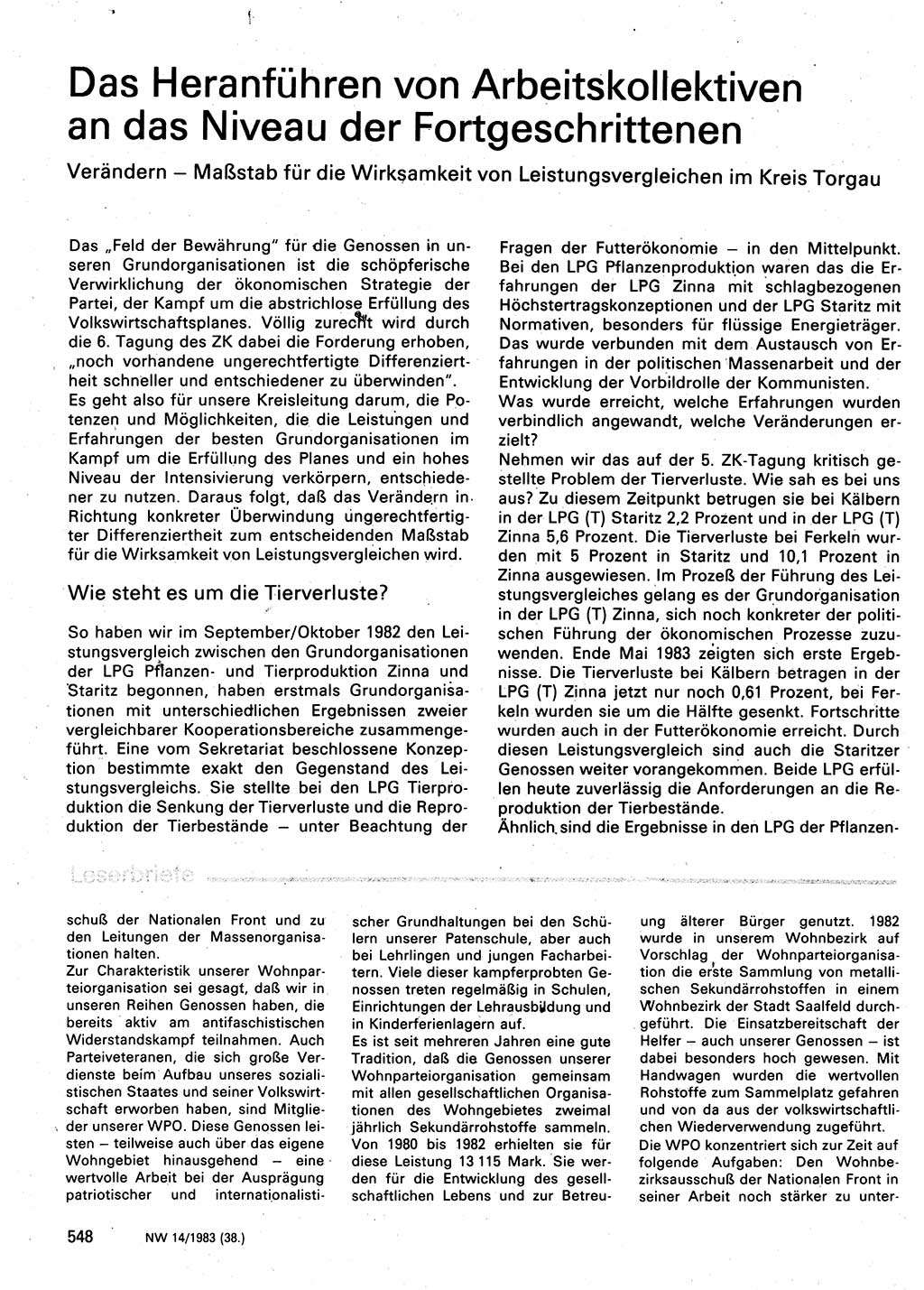 Neuer Weg (NW), Organ des Zentralkomitees (ZK) der SED (Sozialistische Einheitspartei Deutschlands) für Fragen des Parteilebens, 38. Jahrgang [Deutsche Demokratische Republik (DDR)] 1983, Seite 548 (NW ZK SED DDR 1983, S. 548)