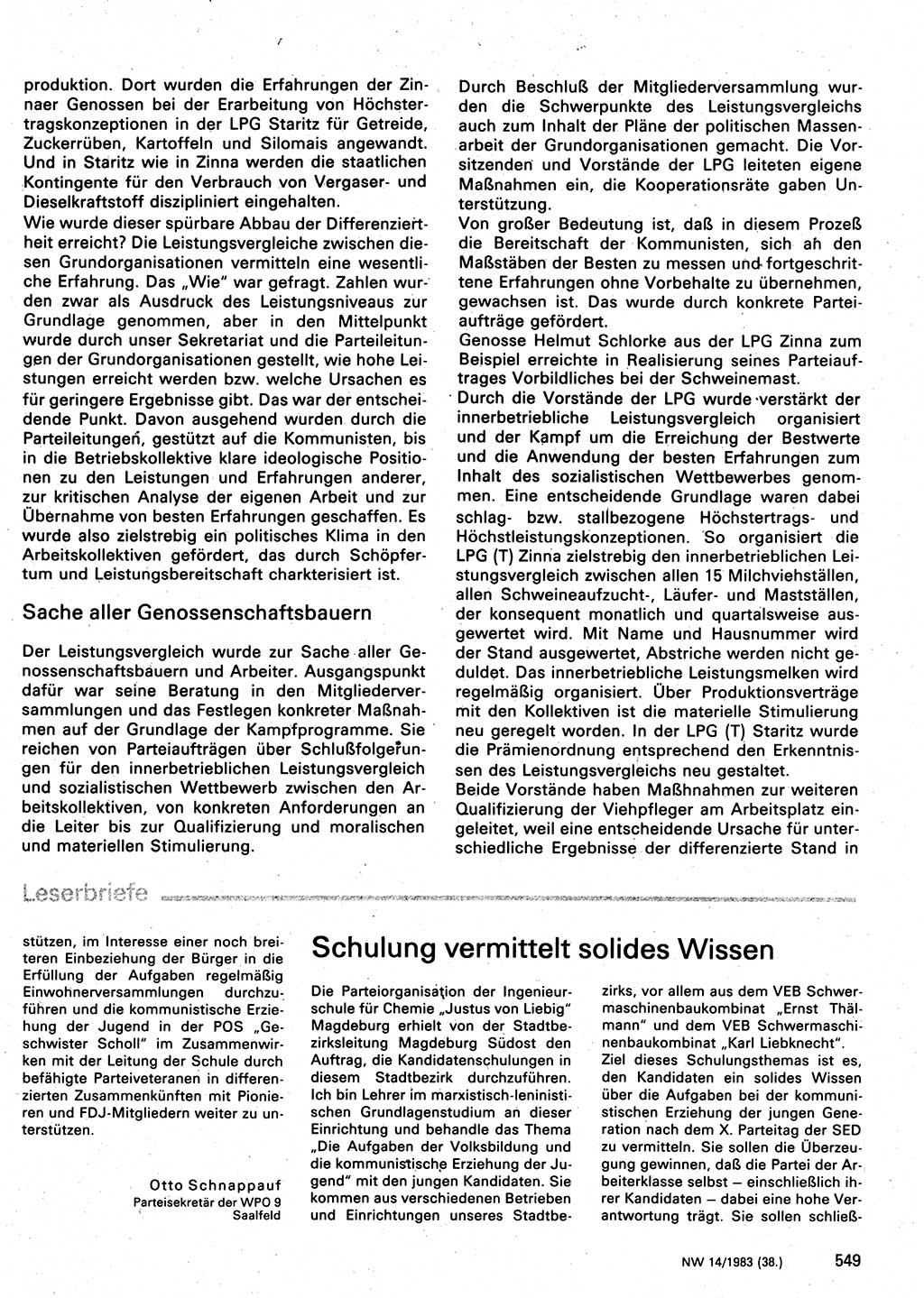 Neuer Weg (NW), Organ des Zentralkomitees (ZK) der SED (Sozialistische Einheitspartei Deutschlands) für Fragen des Parteilebens, 38. Jahrgang [Deutsche Demokratische Republik (DDR)] 1983, Seite 549 (NW ZK SED DDR 1983, S. 549)