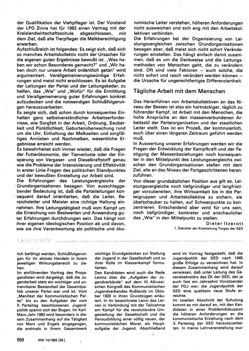 Neuer Weg (NW), Organ des Zentralkomitees (ZK) der SED (Sozialistische Einheitspartei Deutschlands) für Fragen des Parteilebens, 38. Jahrgang [Deutsche Demokratische Republik (DDR)] 1983, Seite 550 (NW ZK SED DDR 1983, S. 550)