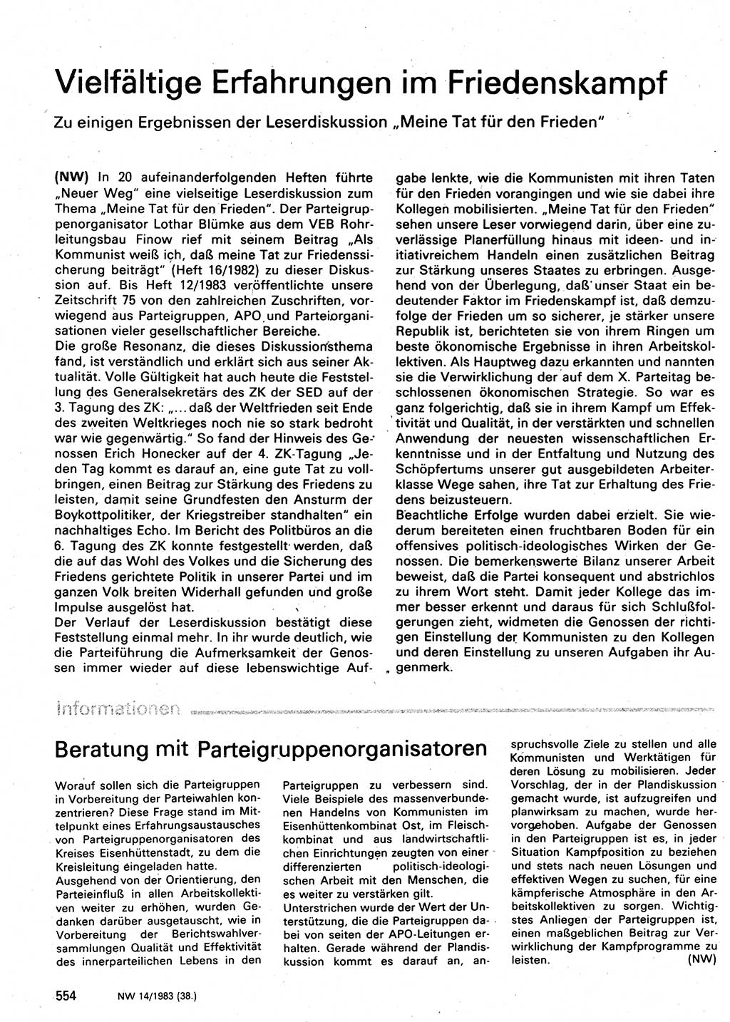 Neuer Weg (NW), Organ des Zentralkomitees (ZK) der SED (Sozialistische Einheitspartei Deutschlands) für Fragen des Parteilebens, 38. Jahrgang [Deutsche Demokratische Republik (DDR)] 1983, Seite 554 (NW ZK SED DDR 1983, S. 554)