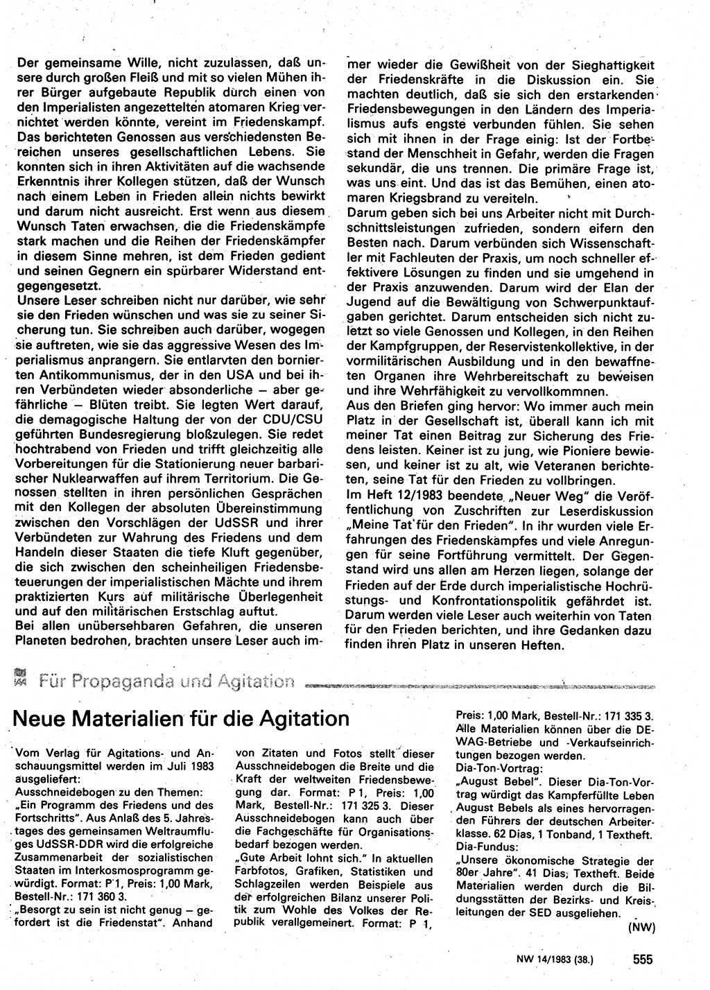 Neuer Weg (NW), Organ des Zentralkomitees (ZK) der SED (Sozialistische Einheitspartei Deutschlands) für Fragen des Parteilebens, 38. Jahrgang [Deutsche Demokratische Republik (DDR)] 1983, Seite 555 (NW ZK SED DDR 1983, S. 555)