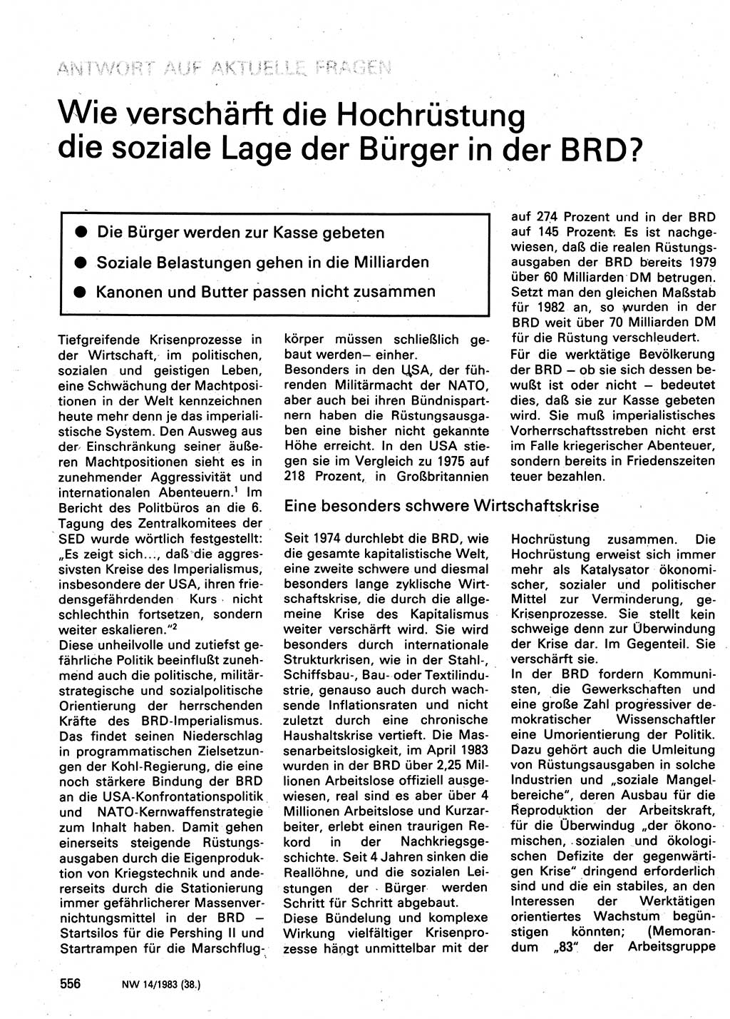 Neuer Weg (NW), Organ des Zentralkomitees (ZK) der SED (Sozialistische Einheitspartei Deutschlands) fÃ¼r Fragen des Parteilebens, 38. Jahrgang [Deutsche Demokratische Republik (DDR)] 1983, Seite 556 (NW ZK SED DDR 1983, S. 556)