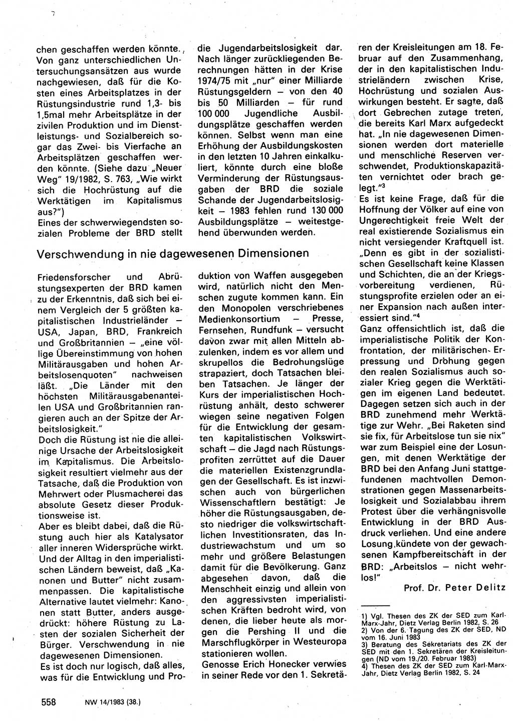 Neuer Weg (NW), Organ des Zentralkomitees (ZK) der SED (Sozialistische Einheitspartei Deutschlands) für Fragen des Parteilebens, 38. Jahrgang [Deutsche Demokratische Republik (DDR)] 1983, Seite 558 (NW ZK SED DDR 1983, S. 558)