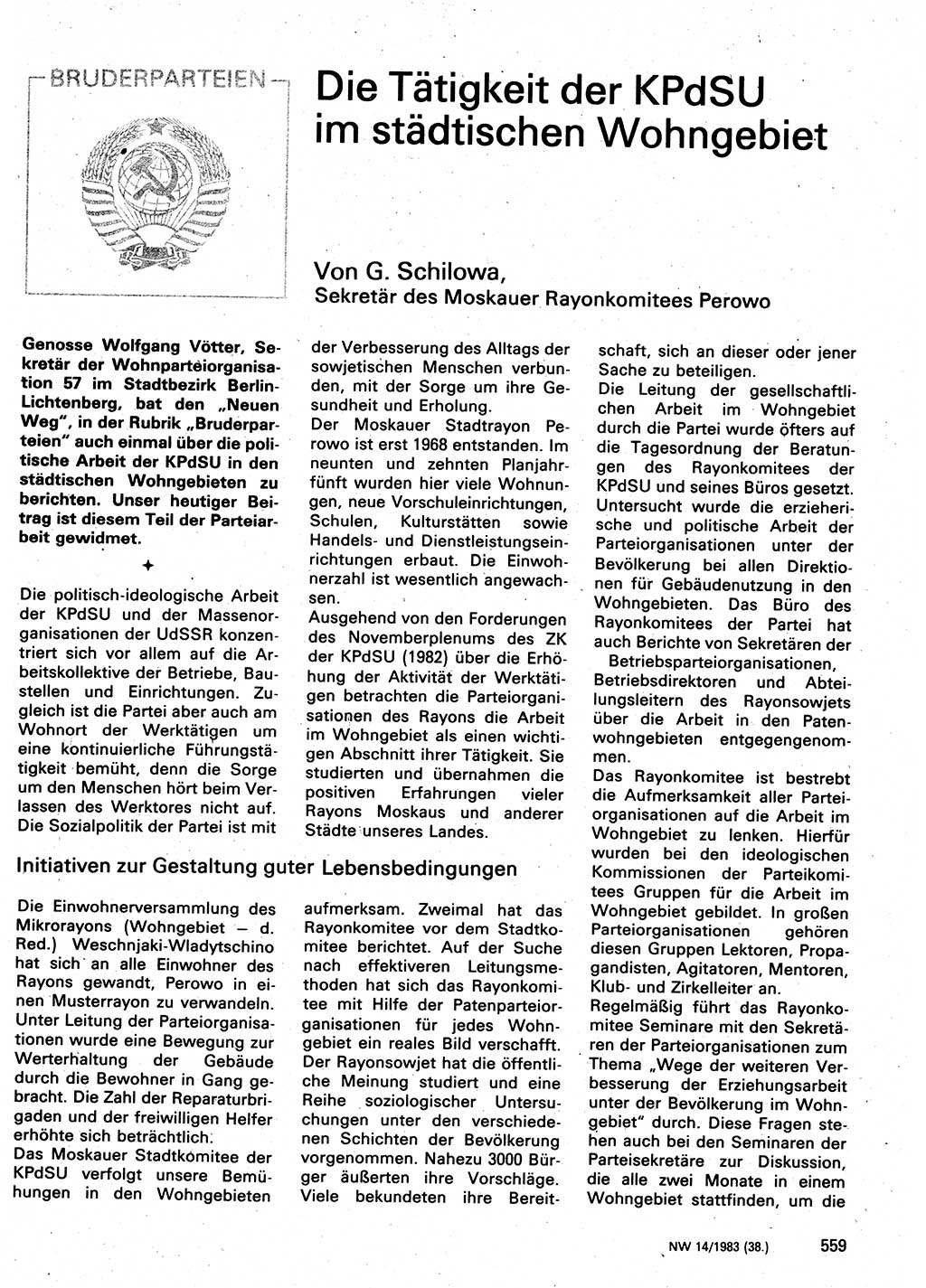 Neuer Weg (NW), Organ des Zentralkomitees (ZK) der SED (Sozialistische Einheitspartei Deutschlands) für Fragen des Parteilebens, 38. Jahrgang [Deutsche Demokratische Republik (DDR)] 1983, Seite 559 (NW ZK SED DDR 1983, S. 559)