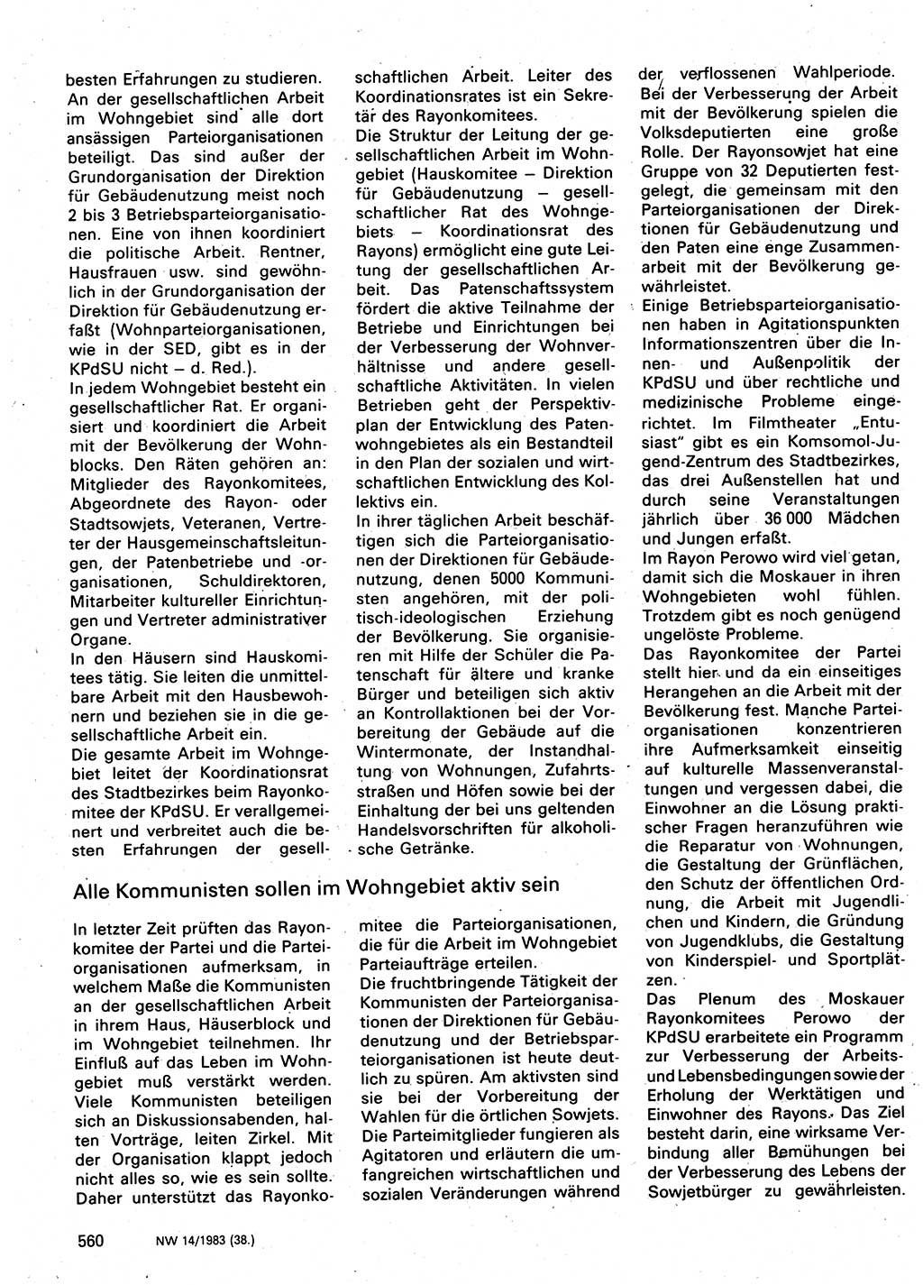 Neuer Weg (NW), Organ des Zentralkomitees (ZK) der SED (Sozialistische Einheitspartei Deutschlands) für Fragen des Parteilebens, 38. Jahrgang [Deutsche Demokratische Republik (DDR)] 1983, Seite 560 (NW ZK SED DDR 1983, S. 560)