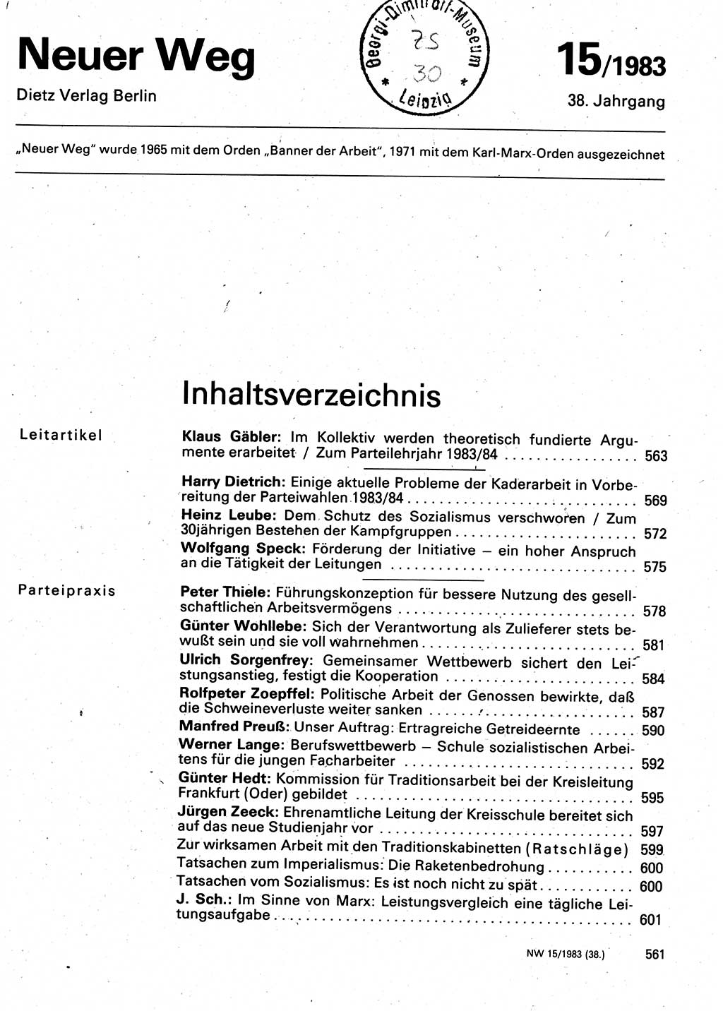 Neuer Weg (NW), Organ des Zentralkomitees (ZK) der SED (Sozialistische Einheitspartei Deutschlands) für Fragen des Parteilebens, 38. Jahrgang [Deutsche Demokratische Republik (DDR)] 1983, Seite 561 (NW ZK SED DDR 1983, S. 561)