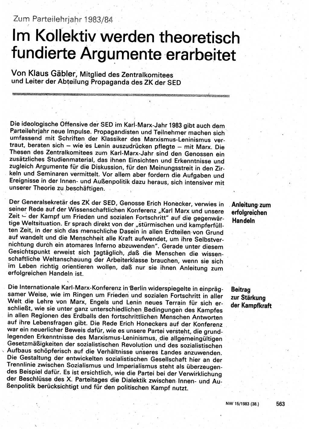 Neuer Weg (NW), Organ des Zentralkomitees (ZK) der SED (Sozialistische Einheitspartei Deutschlands) für Fragen des Parteilebens, 38. Jahrgang [Deutsche Demokratische Republik (DDR)] 1983, Seite 563 (NW ZK SED DDR 1983, S. 563)