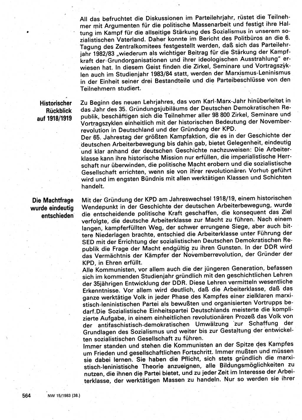 Neuer Weg (NW), Organ des Zentralkomitees (ZK) der SED (Sozialistische Einheitspartei Deutschlands) für Fragen des Parteilebens, 38. Jahrgang [Deutsche Demokratische Republik (DDR)] 1983, Seite 564 (NW ZK SED DDR 1983, S. 564)