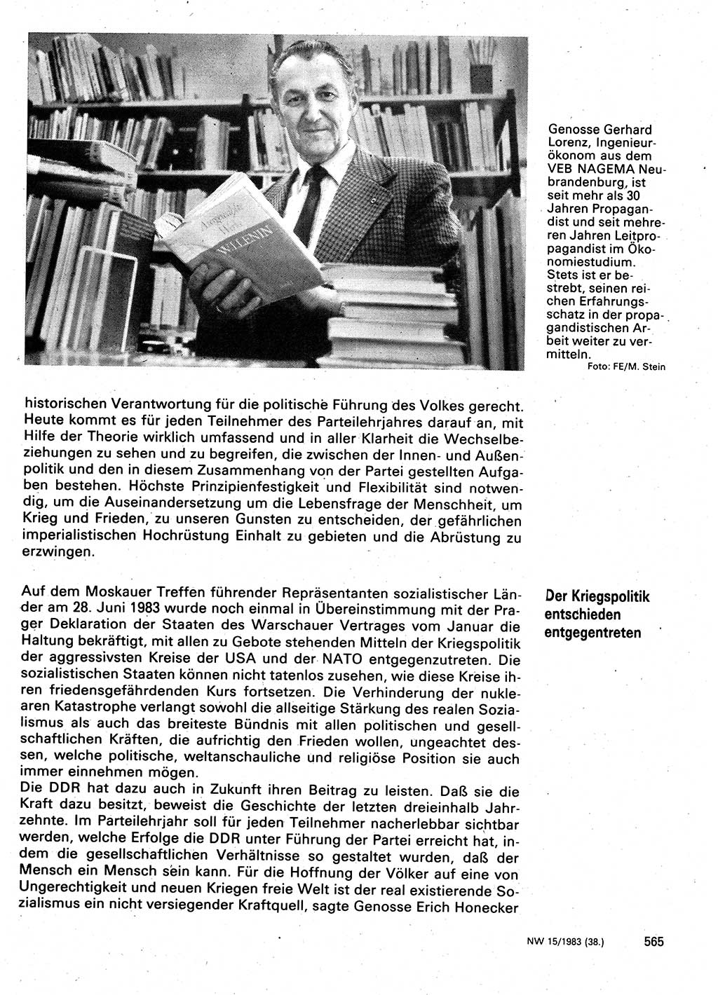 Neuer Weg (NW), Organ des Zentralkomitees (ZK) der SED (Sozialistische Einheitspartei Deutschlands) für Fragen des Parteilebens, 38. Jahrgang [Deutsche Demokratische Republik (DDR)] 1983, Seite 565 (NW ZK SED DDR 1983, S. 565)