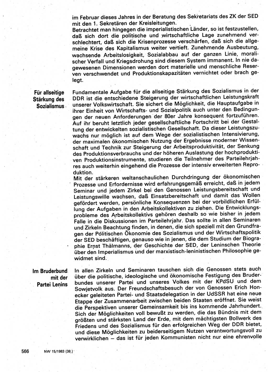 Neuer Weg (NW), Organ des Zentralkomitees (ZK) der SED (Sozialistische Einheitspartei Deutschlands) für Fragen des Parteilebens, 38. Jahrgang [Deutsche Demokratische Republik (DDR)] 1983, Seite 566 (NW ZK SED DDR 1983, S. 566)