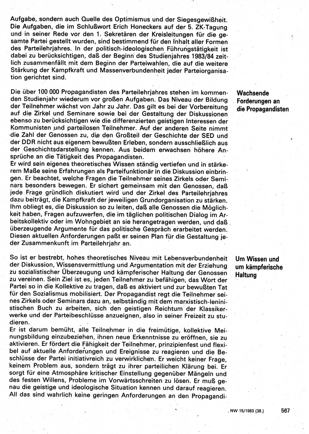 Neuer Weg (NW), Organ des Zentralkomitees (ZK) der SED (Sozialistische Einheitspartei Deutschlands) für Fragen des Parteilebens, 38. Jahrgang [Deutsche Demokratische Republik (DDR)] 1983, Seite 567 (NW ZK SED DDR 1983, S. 567)