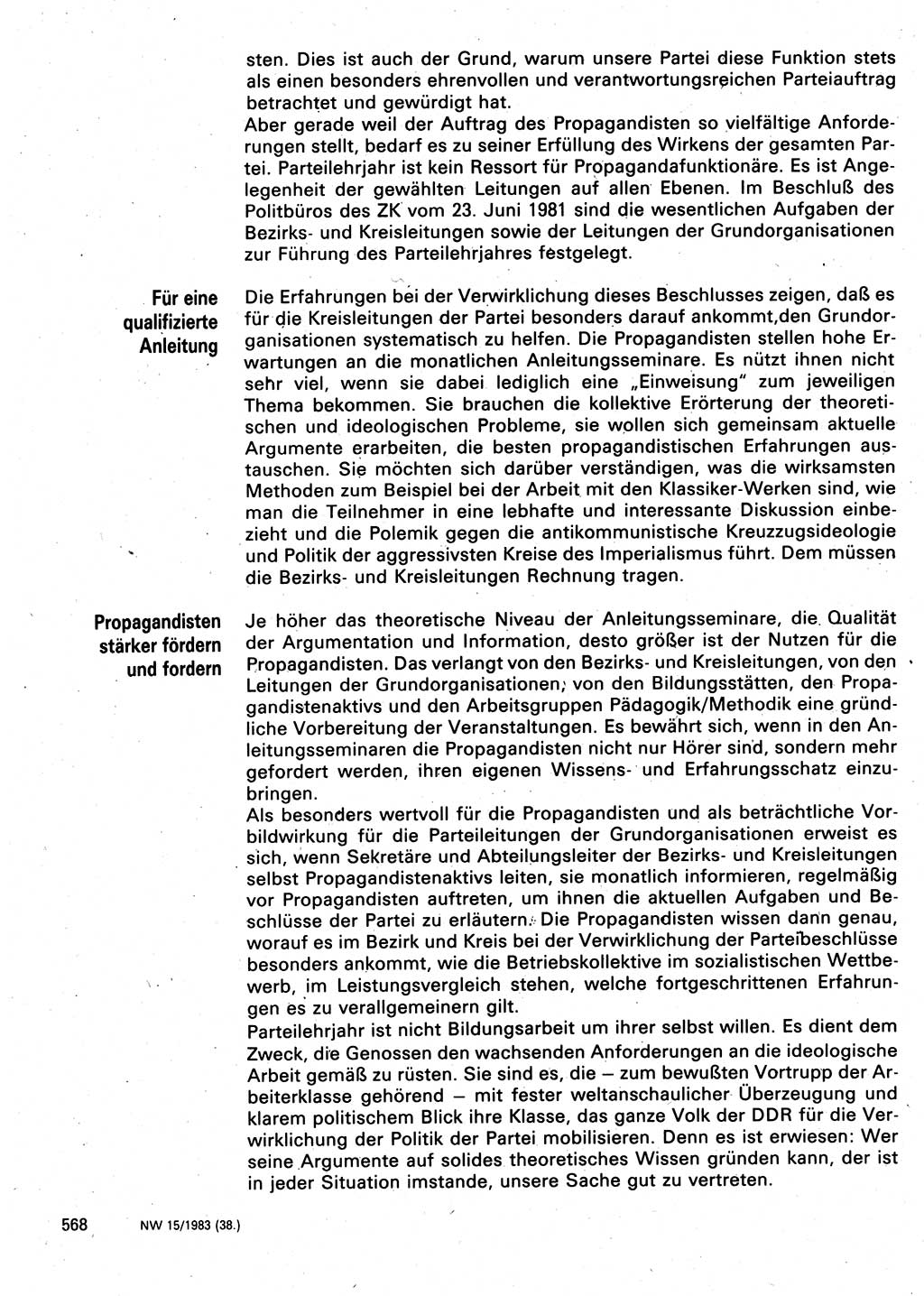 Neuer Weg (NW), Organ des Zentralkomitees (ZK) der SED (Sozialistische Einheitspartei Deutschlands) für Fragen des Parteilebens, 38. Jahrgang [Deutsche Demokratische Republik (DDR)] 1983, Seite 568 (NW ZK SED DDR 1983, S. 568)