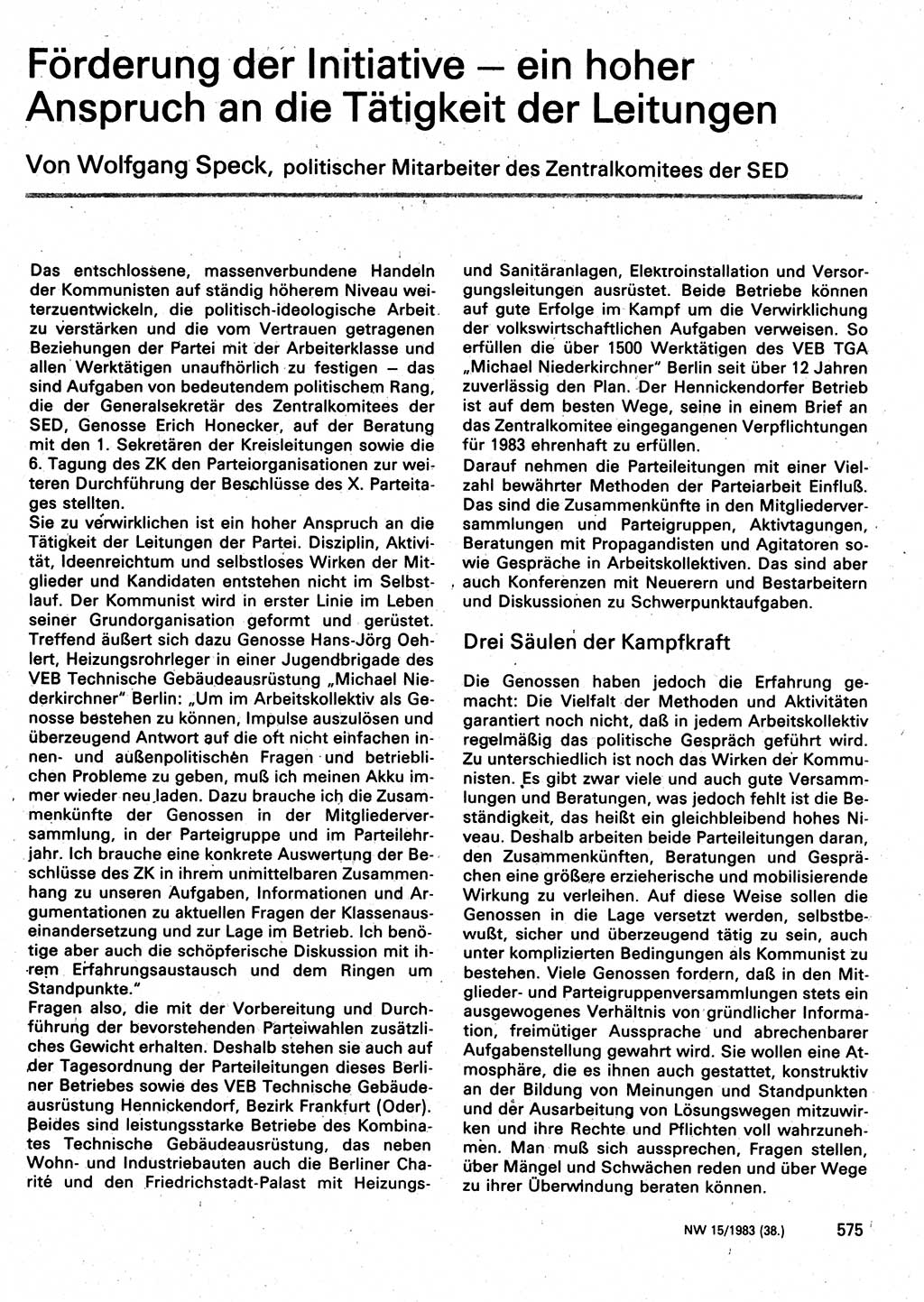 Neuer Weg (NW), Organ des Zentralkomitees (ZK) der SED (Sozialistische Einheitspartei Deutschlands) für Fragen des Parteilebens, 38. Jahrgang [Deutsche Demokratische Republik (DDR)] 1983, Seite 575 (NW ZK SED DDR 1983, S. 575)