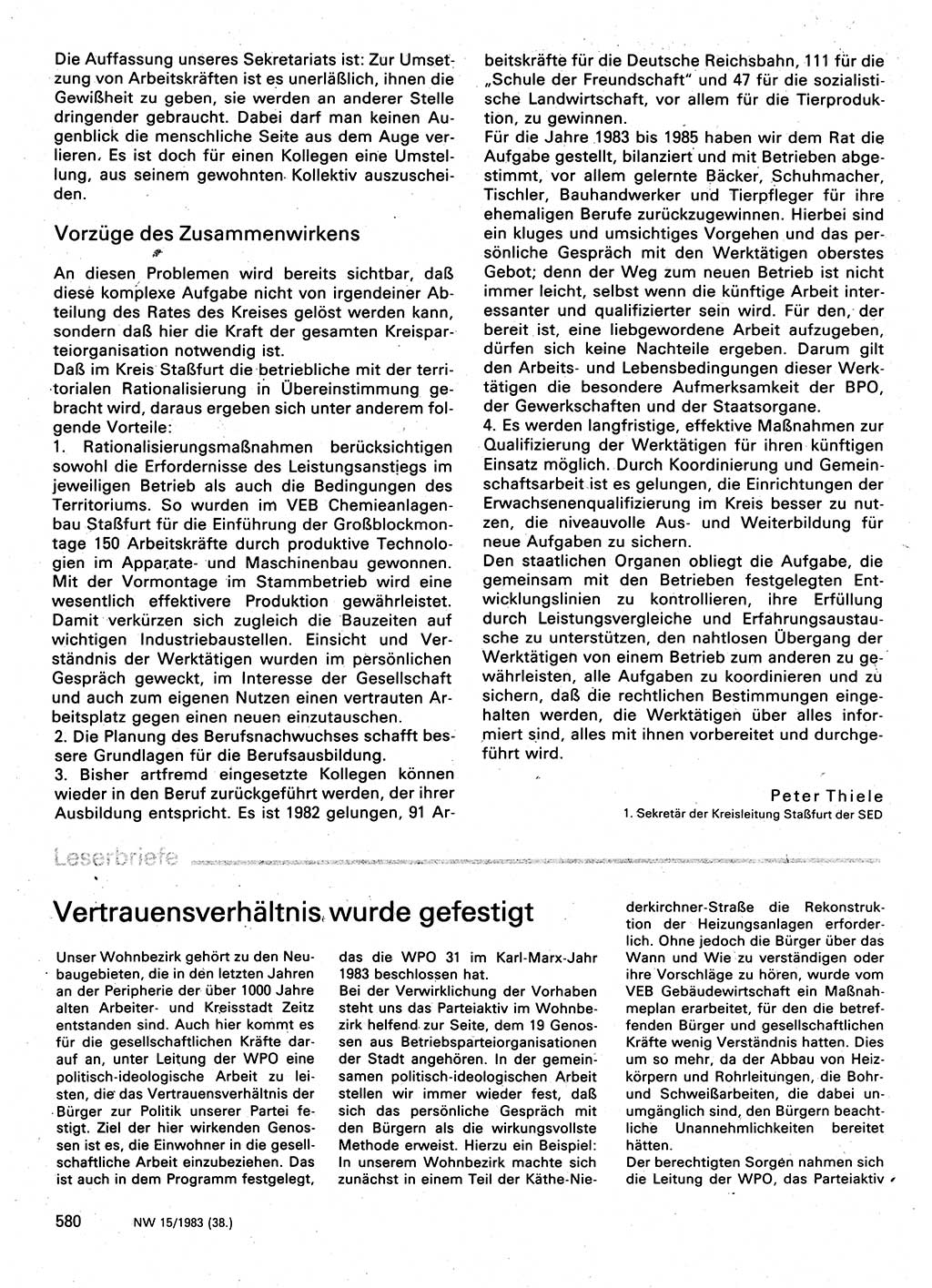 Neuer Weg (NW), Organ des Zentralkomitees (ZK) der SED (Sozialistische Einheitspartei Deutschlands) für Fragen des Parteilebens, 38. Jahrgang [Deutsche Demokratische Republik (DDR)] 1983, Seite 580 (NW ZK SED DDR 1983, S. 580)