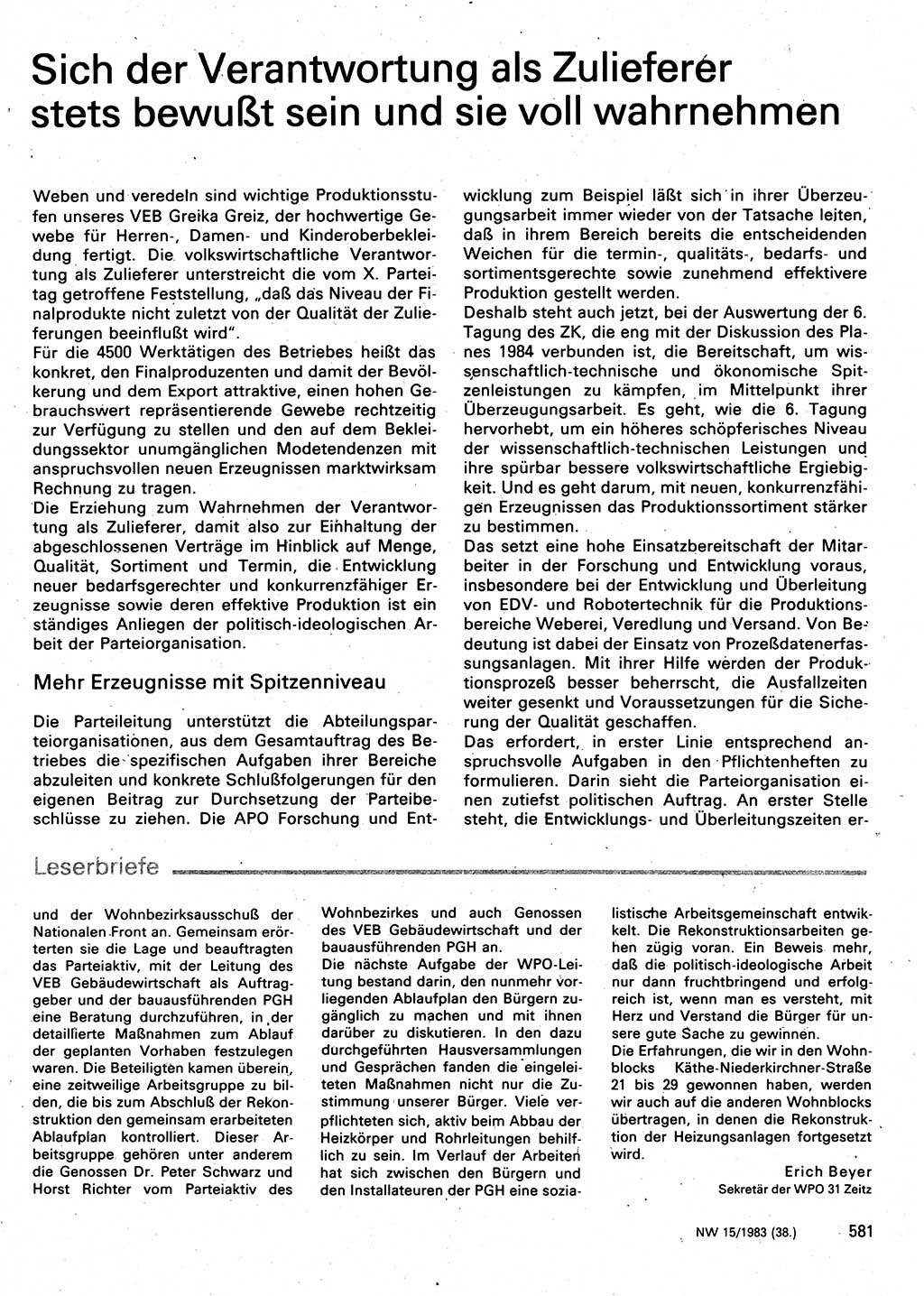 Neuer Weg (NW), Organ des Zentralkomitees (ZK) der SED (Sozialistische Einheitspartei Deutschlands) für Fragen des Parteilebens, 38. Jahrgang [Deutsche Demokratische Republik (DDR)] 1983, Seite 581 (NW ZK SED DDR 1983, S. 581)