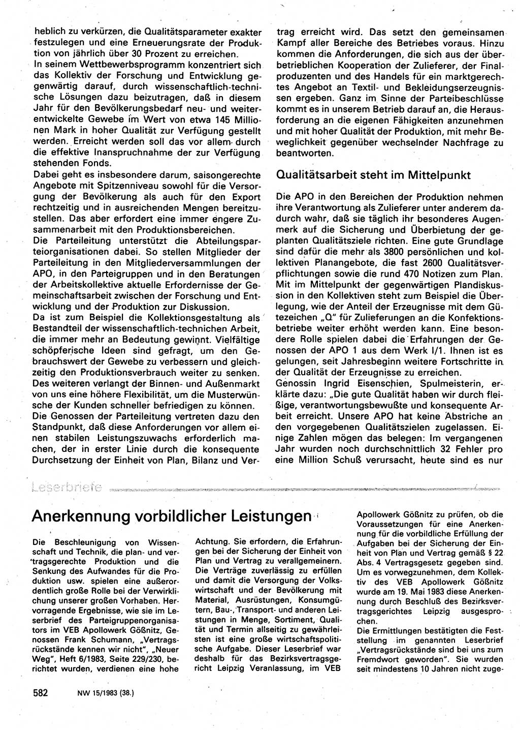 Neuer Weg (NW), Organ des Zentralkomitees (ZK) der SED (Sozialistische Einheitspartei Deutschlands) für Fragen des Parteilebens, 38. Jahrgang [Deutsche Demokratische Republik (DDR)] 1983, Seite 582 (NW ZK SED DDR 1983, S. 582)