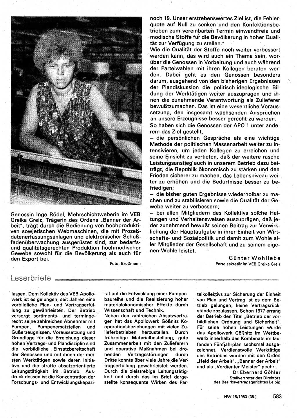 Neuer Weg (NW), Organ des Zentralkomitees (ZK) der SED (Sozialistische Einheitspartei Deutschlands) für Fragen des Parteilebens, 38. Jahrgang [Deutsche Demokratische Republik (DDR)] 1983, Seite 583 (NW ZK SED DDR 1983, S. 583)
