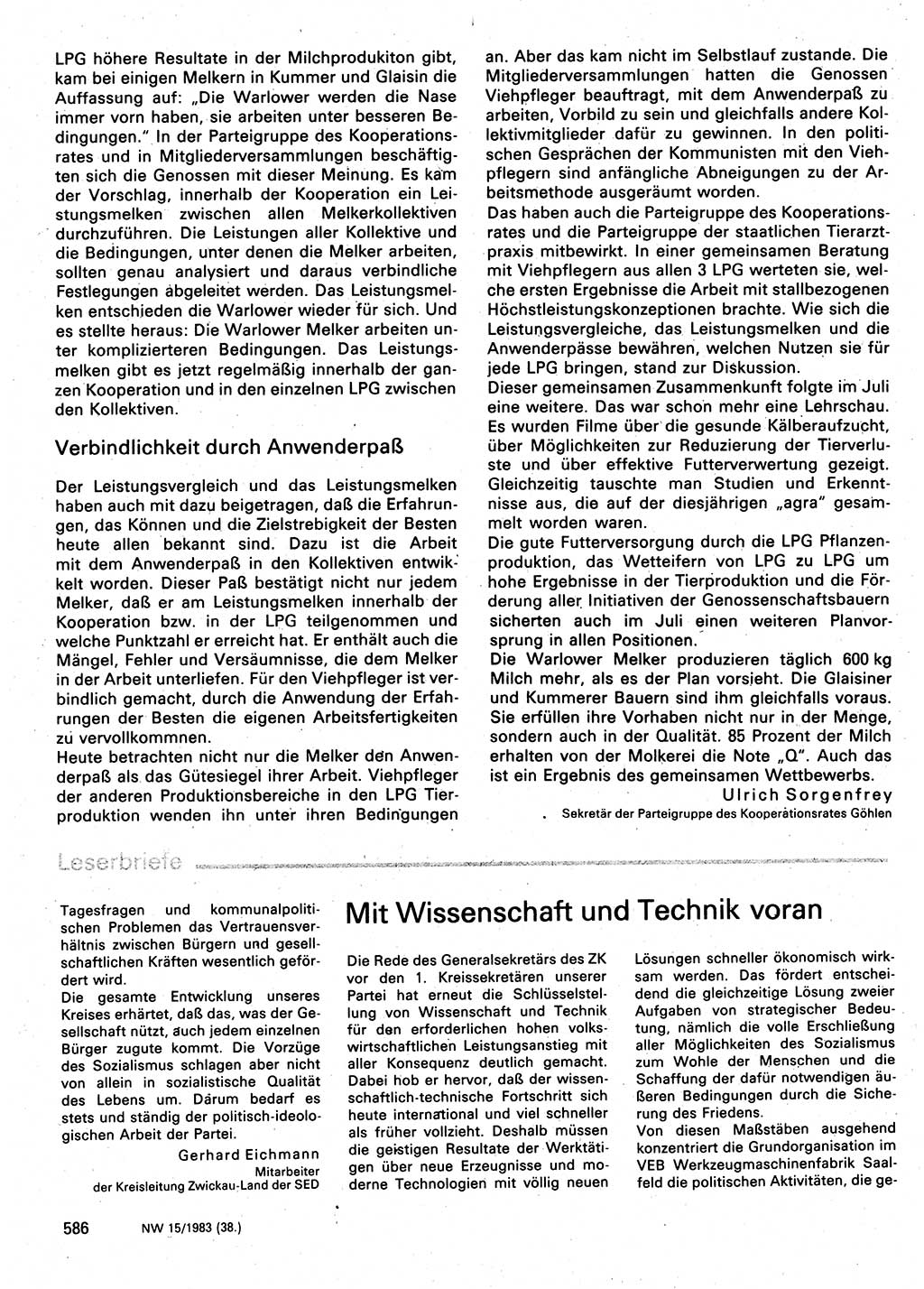 Neuer Weg (NW), Organ des Zentralkomitees (ZK) der SED (Sozialistische Einheitspartei Deutschlands) für Fragen des Parteilebens, 38. Jahrgang [Deutsche Demokratische Republik (DDR)] 1983, Seite 586 (NW ZK SED DDR 1983, S. 586)
