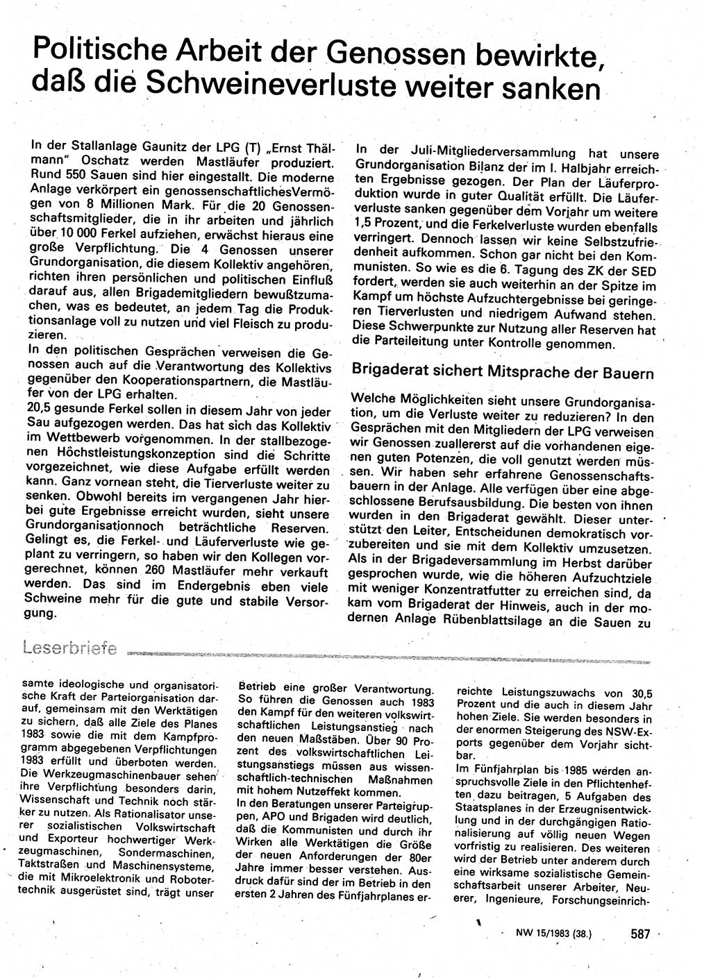 Neuer Weg (NW), Organ des Zentralkomitees (ZK) der SED (Sozialistische Einheitspartei Deutschlands) für Fragen des Parteilebens, 38. Jahrgang [Deutsche Demokratische Republik (DDR)] 1983, Seite 587 (NW ZK SED DDR 1983, S. 587)