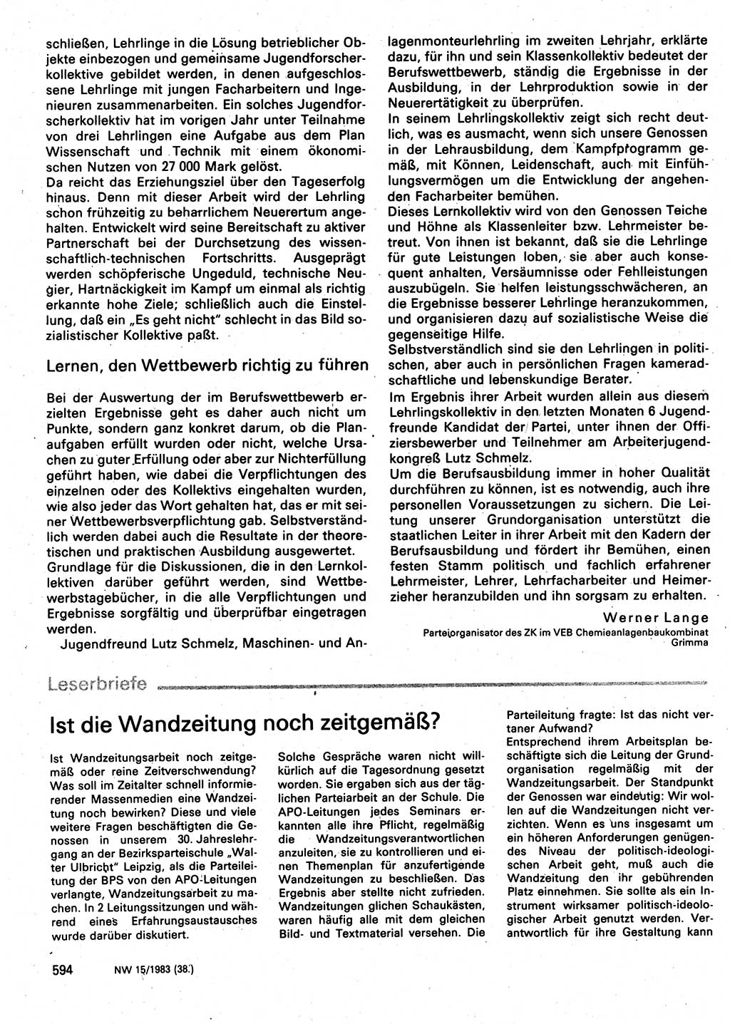 Neuer Weg (NW), Organ des Zentralkomitees (ZK) der SED (Sozialistische Einheitspartei Deutschlands) für Fragen des Parteilebens, 38. Jahrgang [Deutsche Demokratische Republik (DDR)] 1983, Seite 594 (NW ZK SED DDR 1983, S. 594)