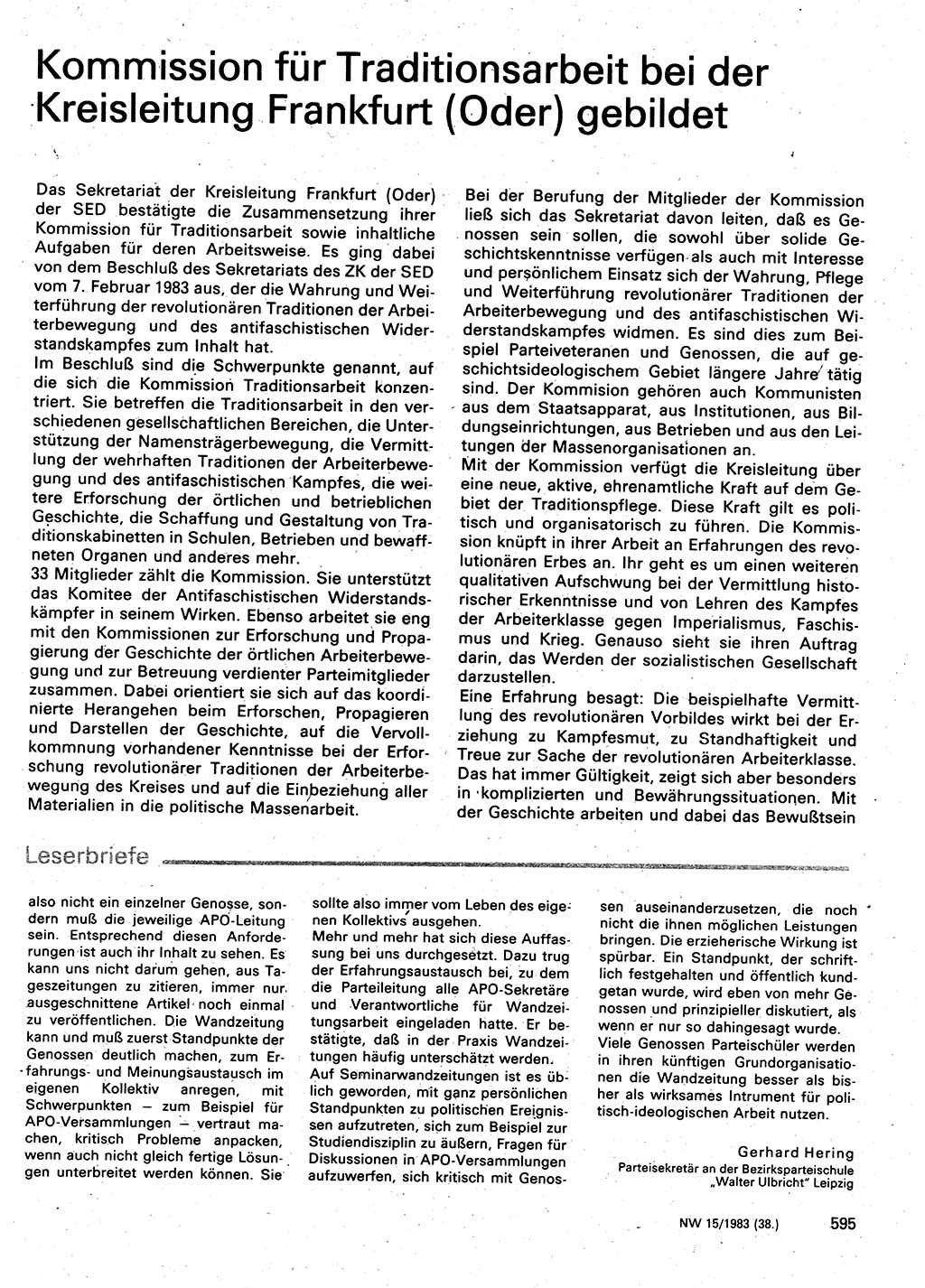 Neuer Weg (NW), Organ des Zentralkomitees (ZK) der SED (Sozialistische Einheitspartei Deutschlands) für Fragen des Parteilebens, 38. Jahrgang [Deutsche Demokratische Republik (DDR)] 1983, Seite 595 (NW ZK SED DDR 1983, S. 595)