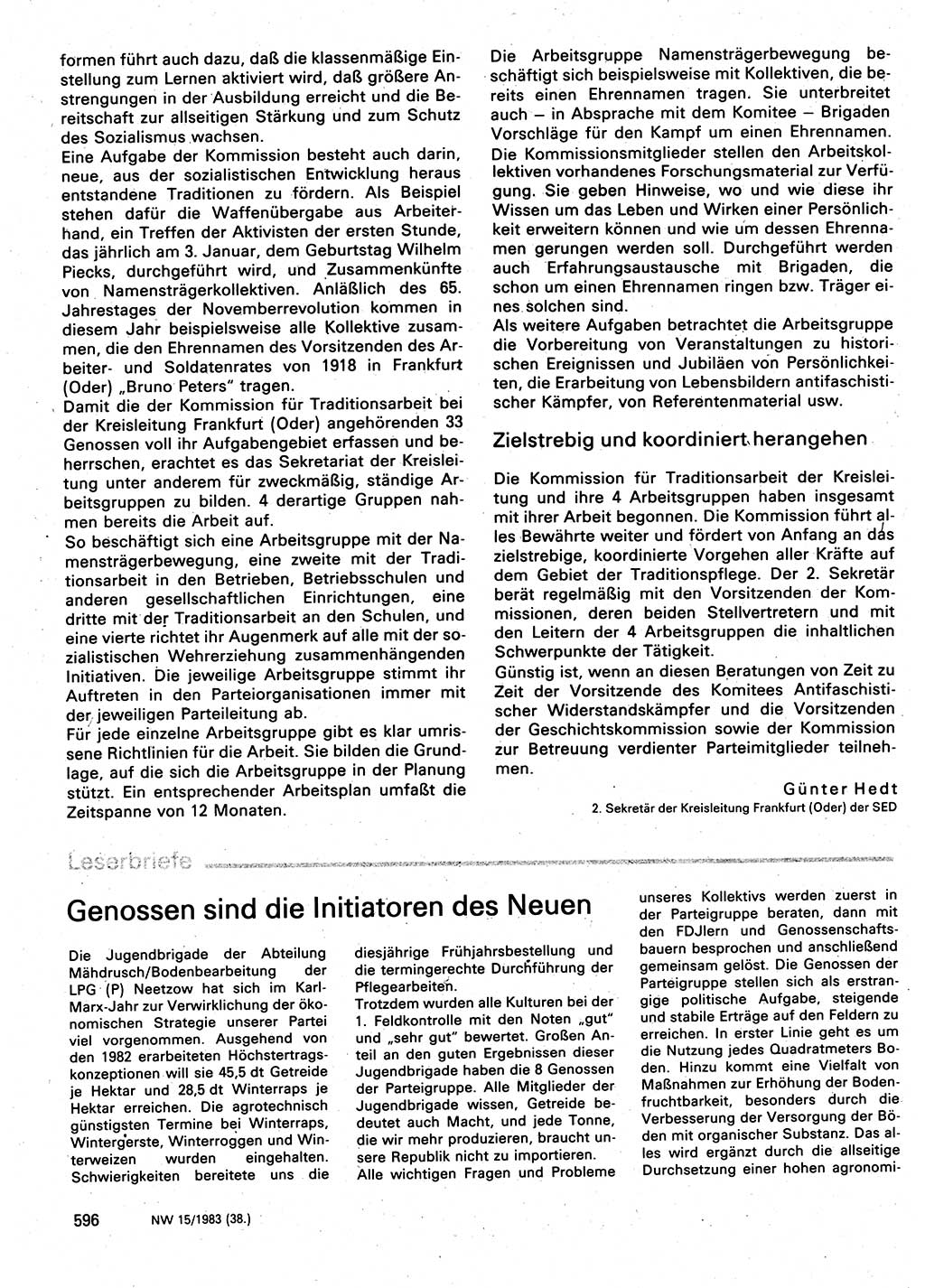 Neuer Weg (NW), Organ des Zentralkomitees (ZK) der SED (Sozialistische Einheitspartei Deutschlands) für Fragen des Parteilebens, 38. Jahrgang [Deutsche Demokratische Republik (DDR)] 1983, Seite 596 (NW ZK SED DDR 1983, S. 596)