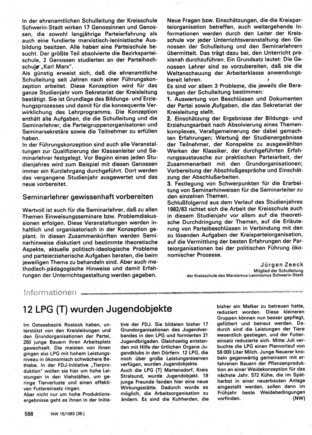 Neuer Weg (NW), Organ des Zentralkomitees (ZK) der SED (Sozialistische Einheitspartei Deutschlands) für Fragen des Parteilebens, 38. Jahrgang [Deutsche Demokratische Republik (DDR)] 1983, Seite 598 (NW ZK SED DDR 1983, S. 598)