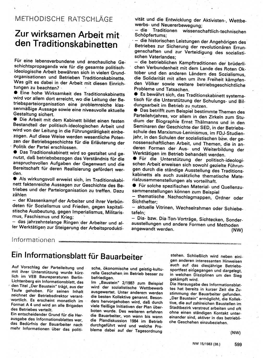 Neuer Weg (NW), Organ des Zentralkomitees (ZK) der SED (Sozialistische Einheitspartei Deutschlands) für Fragen des Parteilebens, 38. Jahrgang [Deutsche Demokratische Republik (DDR)] 1983, Seite 599 (NW ZK SED DDR 1983, S. 599)