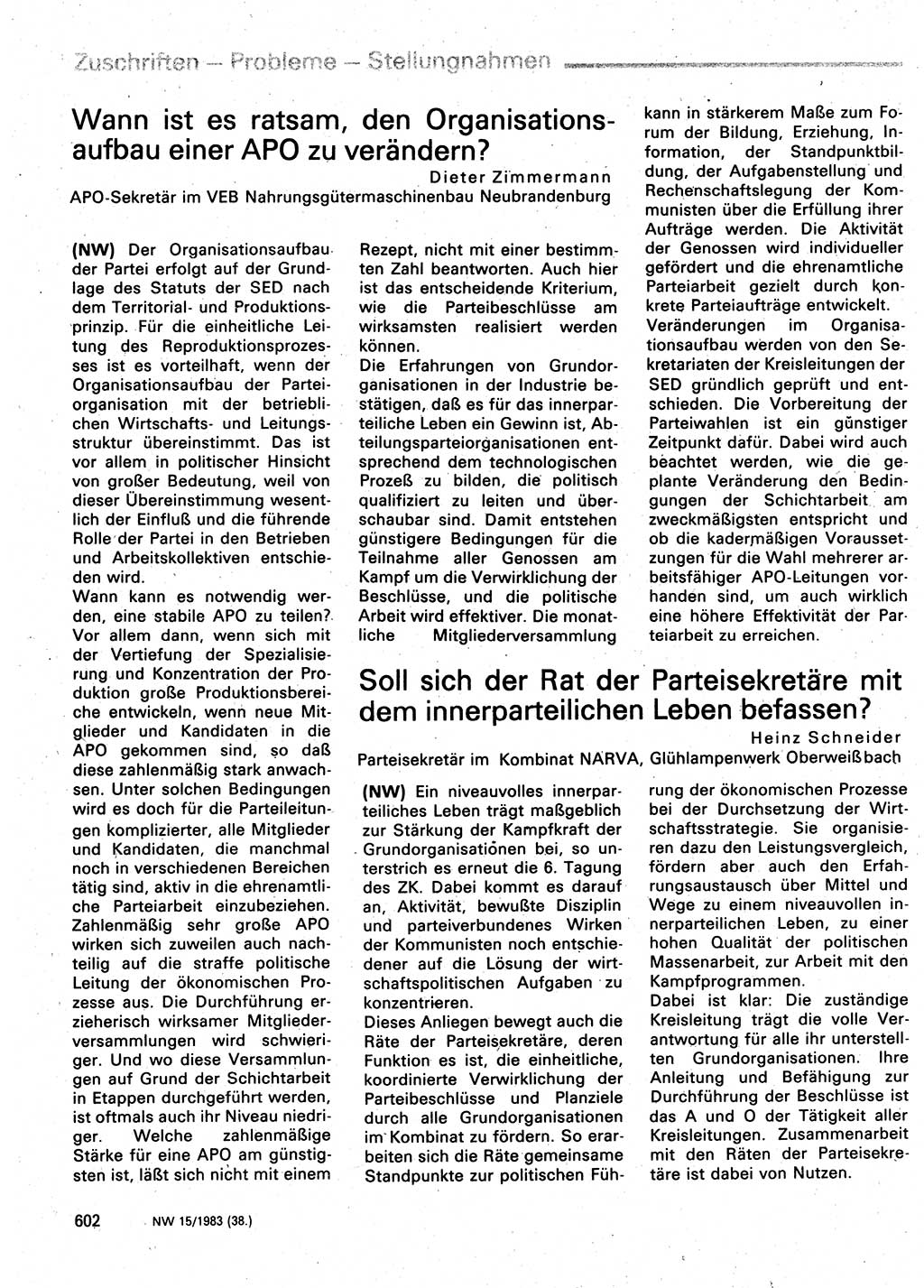 Neuer Weg (NW), Organ des Zentralkomitees (ZK) der SED (Sozialistische Einheitspartei Deutschlands) für Fragen des Parteilebens, 38. Jahrgang [Deutsche Demokratische Republik (DDR)] 1983, Seite 602 (NW ZK SED DDR 1983, S. 602)