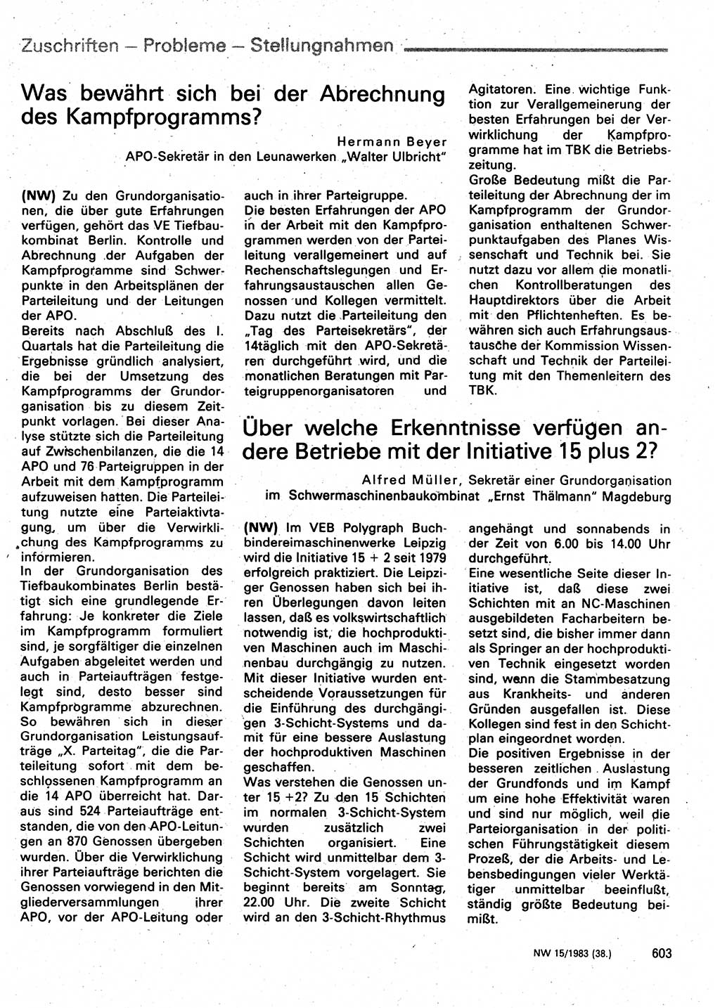 Neuer Weg (NW), Organ des Zentralkomitees (ZK) der SED (Sozialistische Einheitspartei Deutschlands) für Fragen des Parteilebens, 38. Jahrgang [Deutsche Demokratische Republik (DDR)] 1983, Seite 603 (NW ZK SED DDR 1983, S. 603)