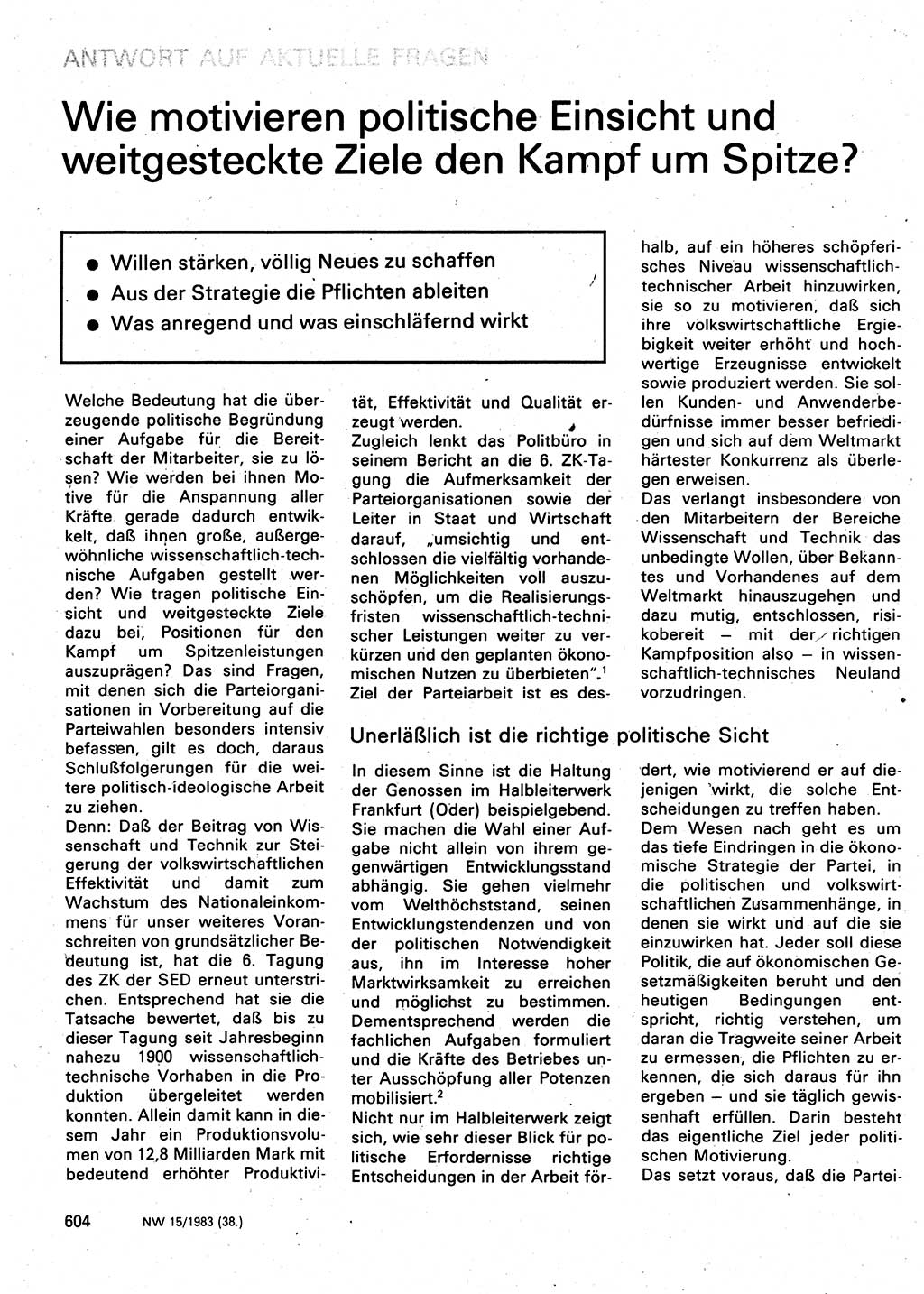 Neuer Weg (NW), Organ des Zentralkomitees (ZK) der SED (Sozialistische Einheitspartei Deutschlands) für Fragen des Parteilebens, 38. Jahrgang [Deutsche Demokratische Republik (DDR)] 1983, Seite 604 (NW ZK SED DDR 1983, S. 604)
