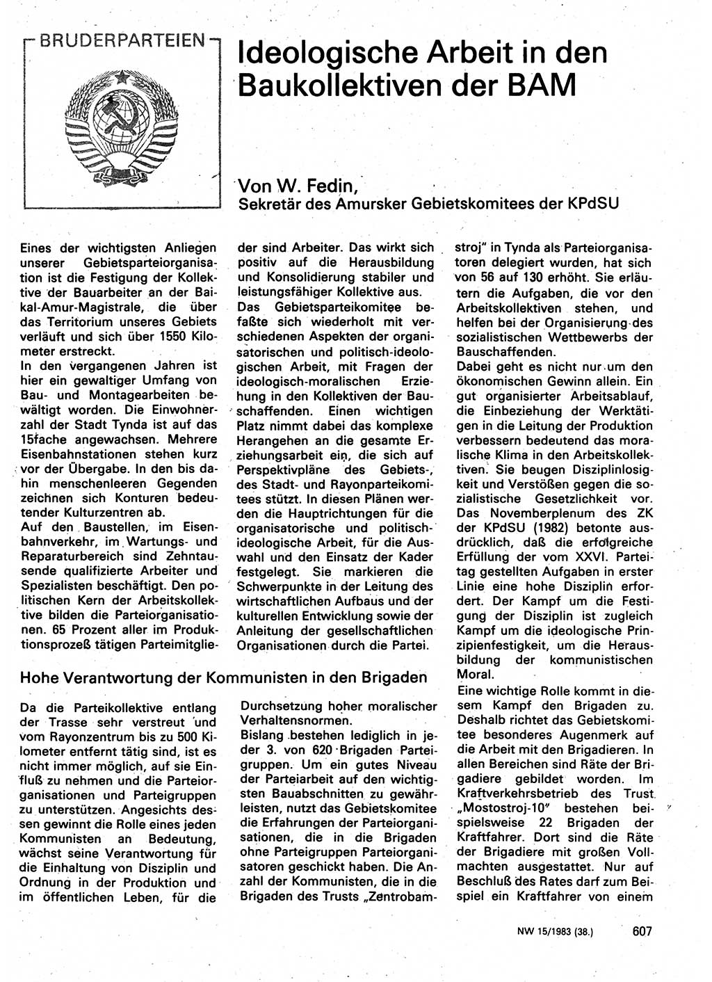 Neuer Weg (NW), Organ des Zentralkomitees (ZK) der SED (Sozialistische Einheitspartei Deutschlands) für Fragen des Parteilebens, 38. Jahrgang [Deutsche Demokratische Republik (DDR)] 1983, Seite 607 (NW ZK SED DDR 1983, S. 607)