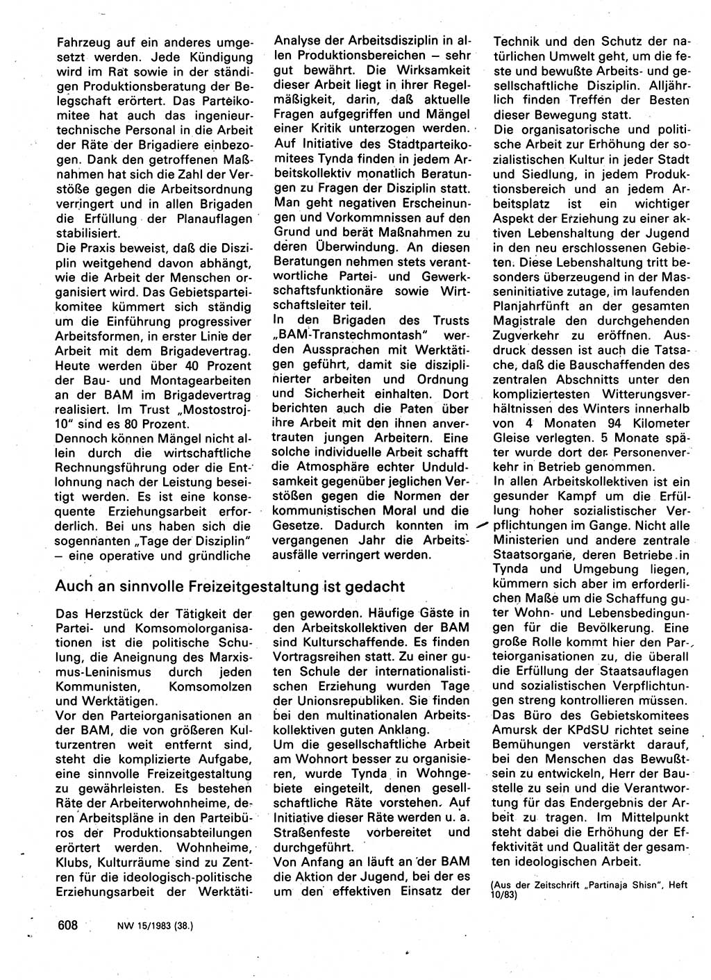 Neuer Weg (NW), Organ des Zentralkomitees (ZK) der SED (Sozialistische Einheitspartei Deutschlands) für Fragen des Parteilebens, 38. Jahrgang [Deutsche Demokratische Republik (DDR)] 1983, Seite 608 (NW ZK SED DDR 1983, S. 608)