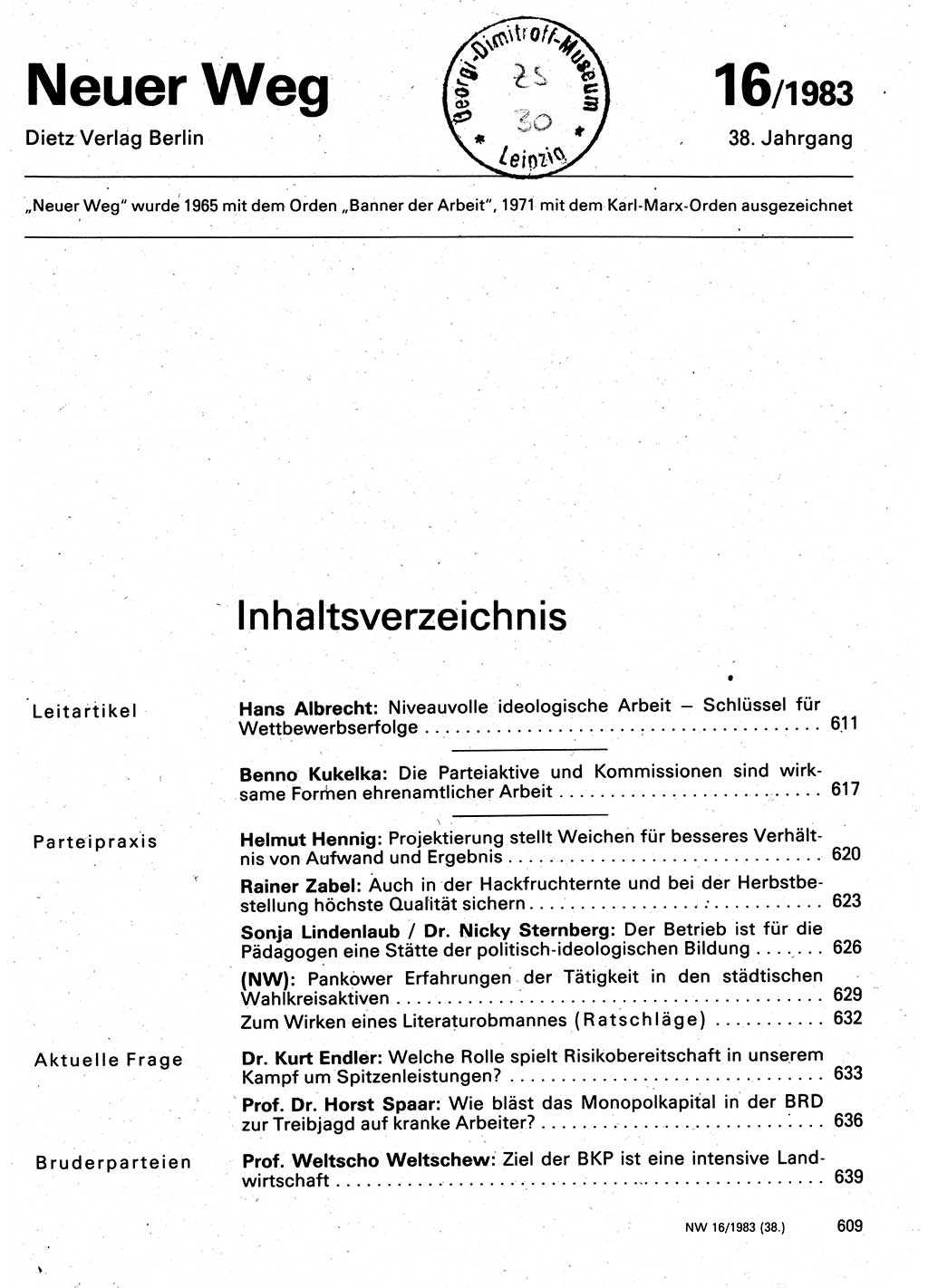 Neuer Weg (NW), Organ des Zentralkomitees (ZK) der SED (Sozialistische Einheitspartei Deutschlands) für Fragen des Parteilebens, 38. Jahrgang [Deutsche Demokratische Republik (DDR)] 1983, Seite 609 (NW ZK SED DDR 1983, S. 609)