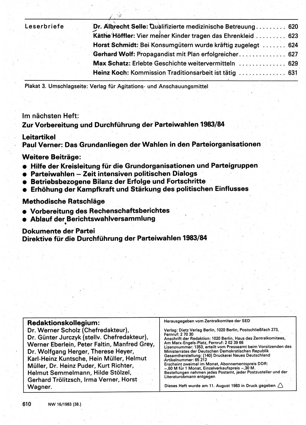 Neuer Weg (NW), Organ des Zentralkomitees (ZK) der SED (Sozialistische Einheitspartei Deutschlands) für Fragen des Parteilebens, 38. Jahrgang [Deutsche Demokratische Republik (DDR)] 1983, Seite 610 (NW ZK SED DDR 1983, S. 610)