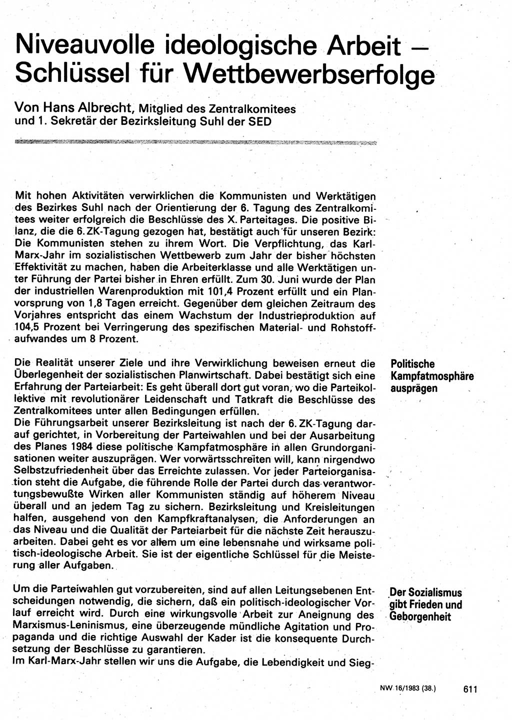 Neuer Weg (NW), Organ des Zentralkomitees (ZK) der SED (Sozialistische Einheitspartei Deutschlands) für Fragen des Parteilebens, 38. Jahrgang [Deutsche Demokratische Republik (DDR)] 1983, Seite 611 (NW ZK SED DDR 1983, S. 611)