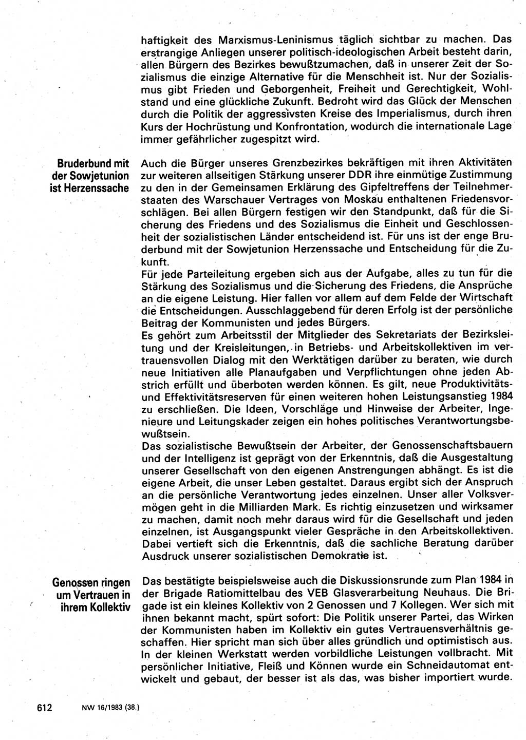 Neuer Weg (NW), Organ des Zentralkomitees (ZK) der SED (Sozialistische Einheitspartei Deutschlands) für Fragen des Parteilebens, 38. Jahrgang [Deutsche Demokratische Republik (DDR)] 1983, Seite 612 (NW ZK SED DDR 1983, S. 612)