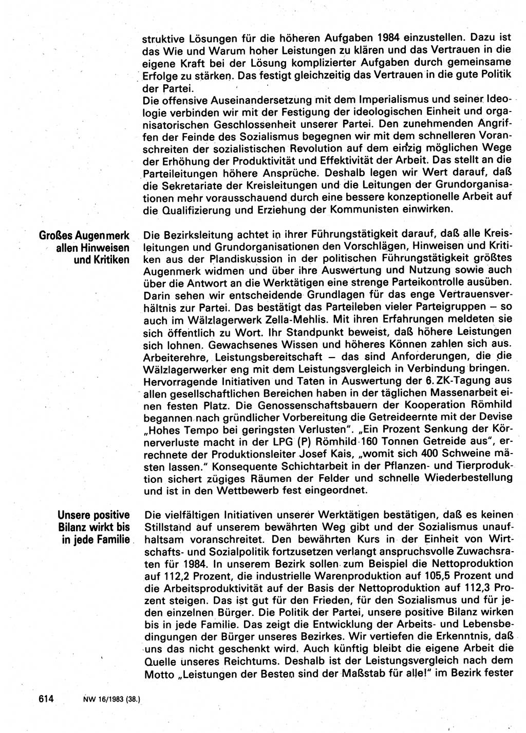 Neuer Weg (NW), Organ des Zentralkomitees (ZK) der SED (Sozialistische Einheitspartei Deutschlands) für Fragen des Parteilebens, 38. Jahrgang [Deutsche Demokratische Republik (DDR)] 1983, Seite 614 (NW ZK SED DDR 1983, S. 614)