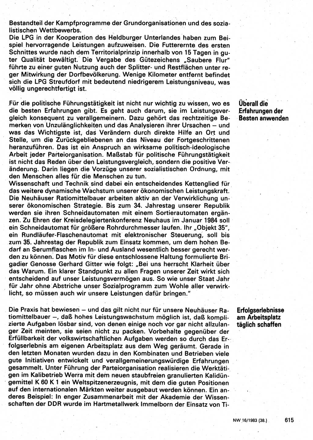 Neuer Weg (NW), Organ des Zentralkomitees (ZK) der SED (Sozialistische Einheitspartei Deutschlands) für Fragen des Parteilebens, 38. Jahrgang [Deutsche Demokratische Republik (DDR)] 1983, Seite 615 (NW ZK SED DDR 1983, S. 615)