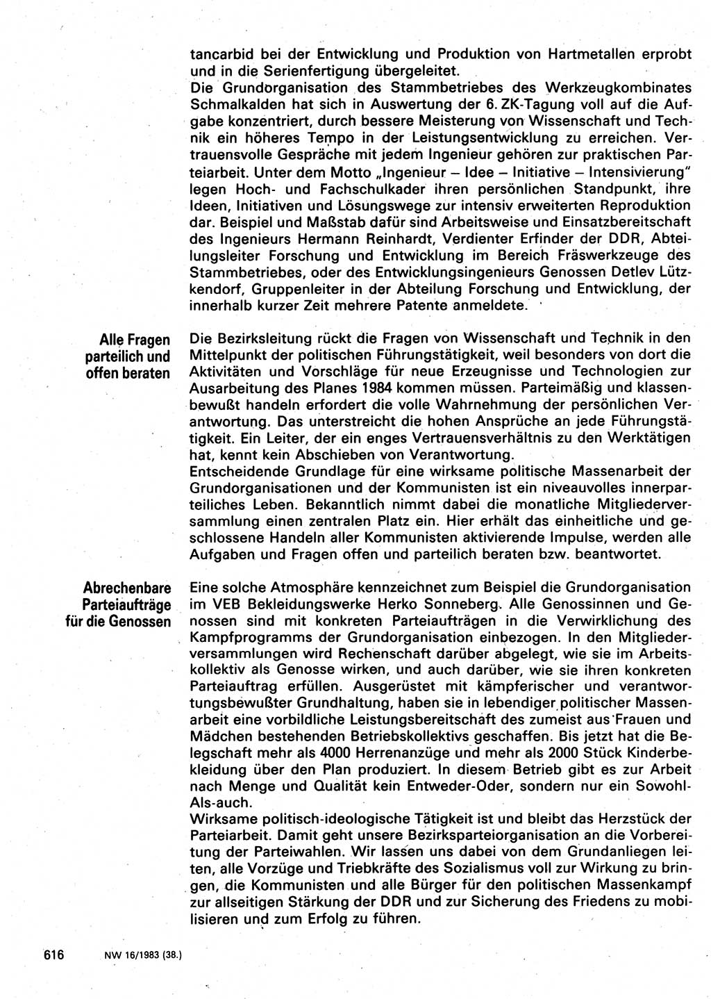 Neuer Weg (NW), Organ des Zentralkomitees (ZK) der SED (Sozialistische Einheitspartei Deutschlands) für Fragen des Parteilebens, 38. Jahrgang [Deutsche Demokratische Republik (DDR)] 1983, Seite 616 (NW ZK SED DDR 1983, S. 616)
