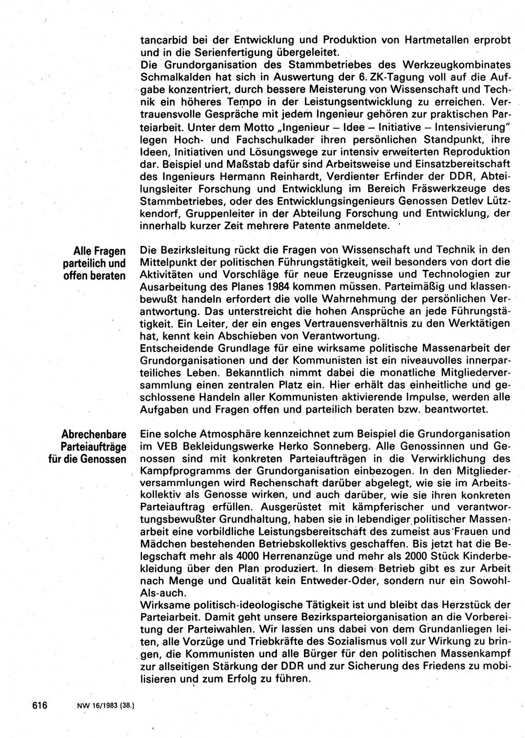 Neuer Weg (NW), Organ des Zentralkomitees (ZK) der SED (Sozialistische Einheitspartei Deutschlands) für Fragen des Parteilebens, 38. Jahrgang [Deutsche Demokratische Republik (DDR)] 1983, Seite 616 (NW ZK SED DDR 1983, S. 616)