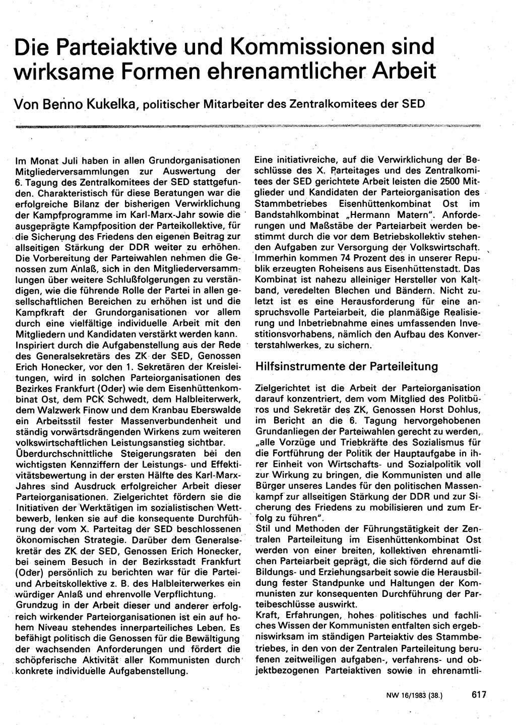 Neuer Weg (NW), Organ des Zentralkomitees (ZK) der SED (Sozialistische Einheitspartei Deutschlands) für Fragen des Parteilebens, 38. Jahrgang [Deutsche Demokratische Republik (DDR)] 1983, Seite 617 (NW ZK SED DDR 1983, S. 617)