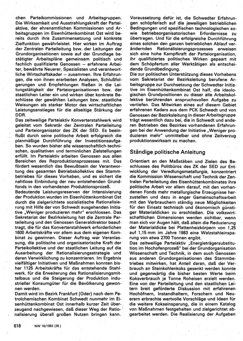Neuer Weg (NW), Organ des Zentralkomitees (ZK) der SED (Sozialistische Einheitspartei Deutschlands) für Fragen des Parteilebens, 38. Jahrgang [Deutsche Demokratische Republik (DDR)] 1983, Seite 618 (NW ZK SED DDR 1983, S. 618)