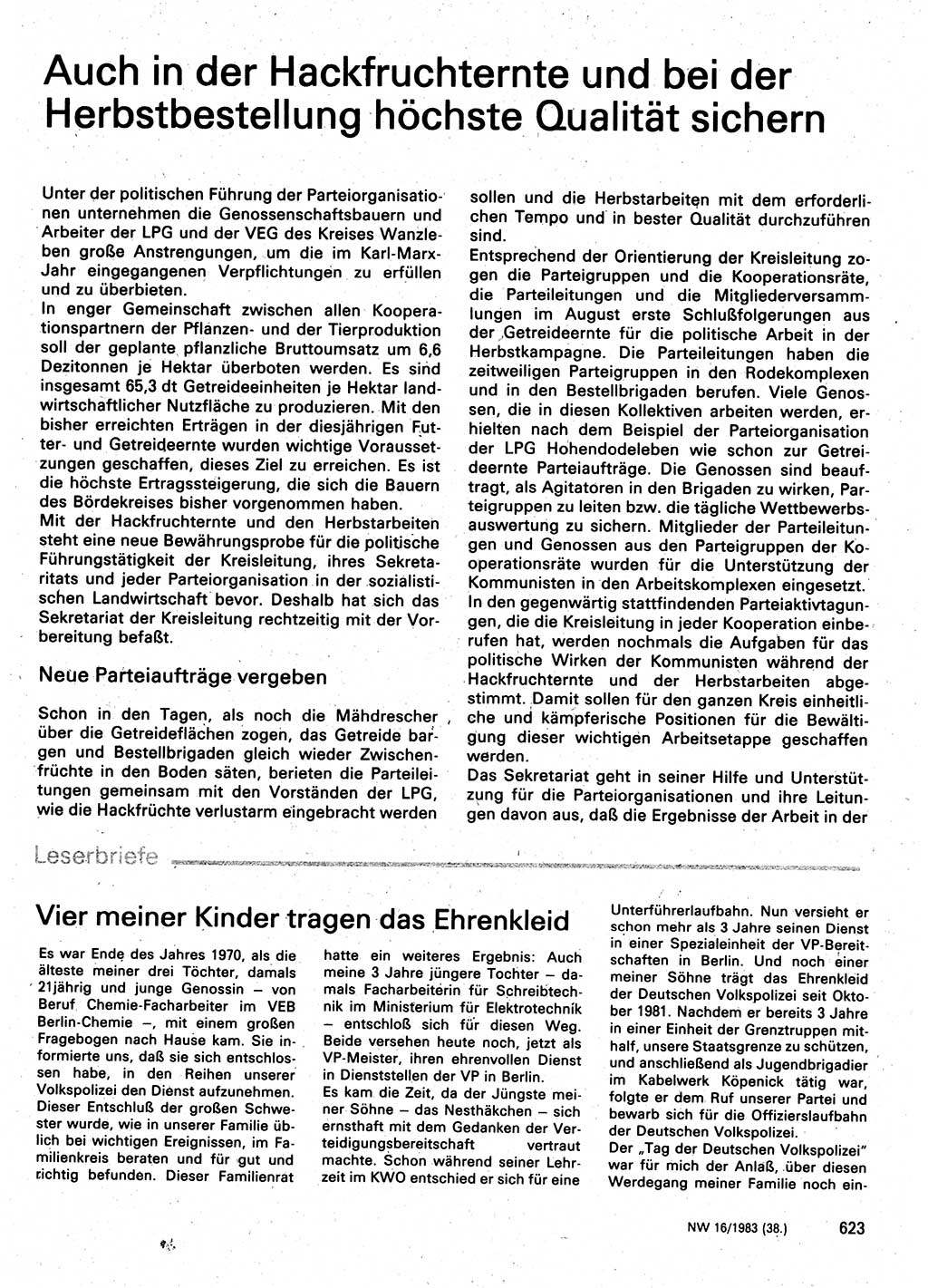 Neuer Weg (NW), Organ des Zentralkomitees (ZK) der SED (Sozialistische Einheitspartei Deutschlands) für Fragen des Parteilebens, 38. Jahrgang [Deutsche Demokratische Republik (DDR)] 1983, Seite 623 (NW ZK SED DDR 1983, S. 623)