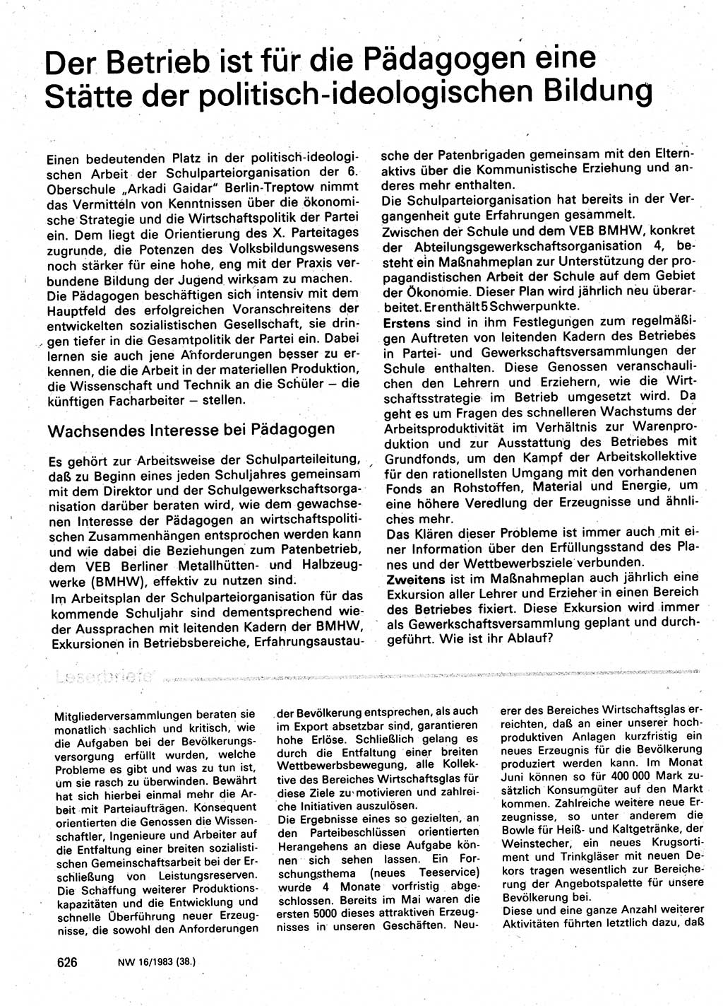 Neuer Weg (NW), Organ des Zentralkomitees (ZK) der SED (Sozialistische Einheitspartei Deutschlands) für Fragen des Parteilebens, 38. Jahrgang [Deutsche Demokratische Republik (DDR)] 1983, Seite 626 (NW ZK SED DDR 1983, S. 626)