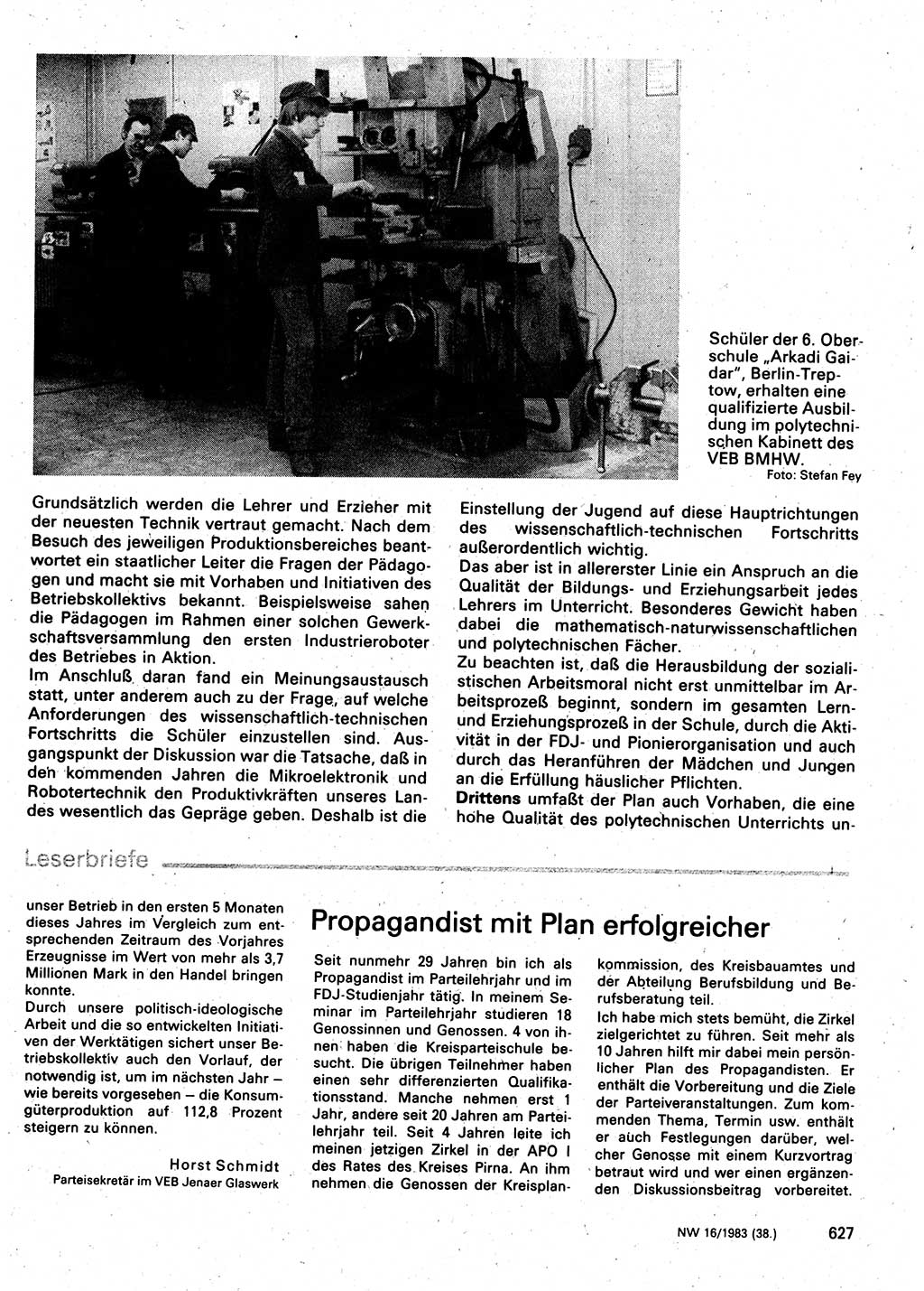 Neuer Weg (NW), Organ des Zentralkomitees (ZK) der SED (Sozialistische Einheitspartei Deutschlands) für Fragen des Parteilebens, 38. Jahrgang [Deutsche Demokratische Republik (DDR)] 1983, Seite 627 (NW ZK SED DDR 1983, S. 627)