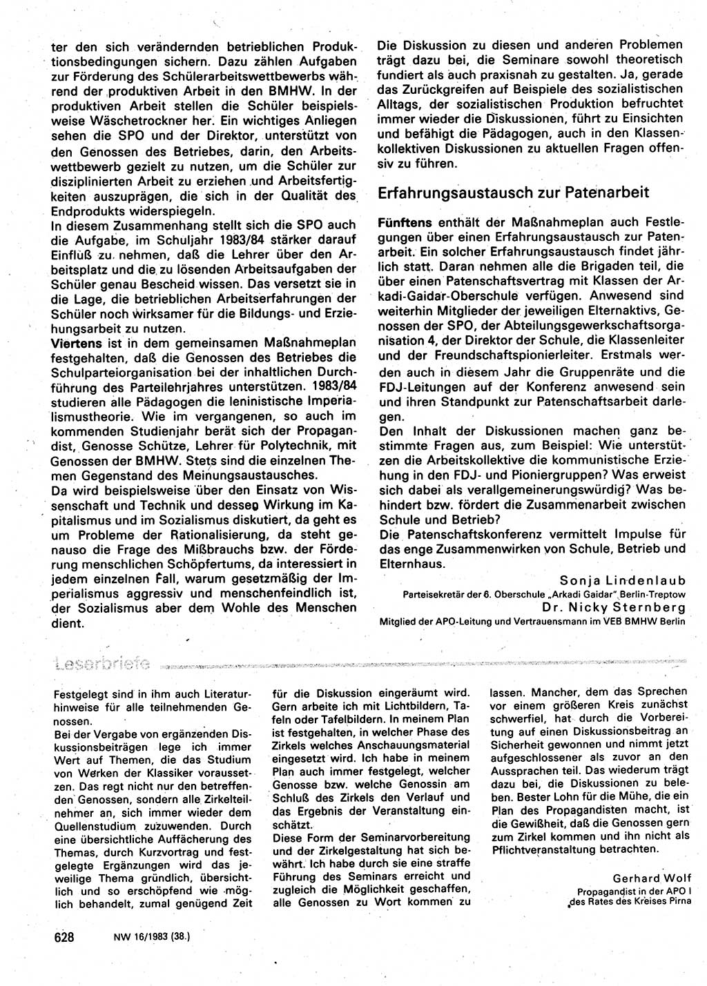 Neuer Weg (NW), Organ des Zentralkomitees (ZK) der SED (Sozialistische Einheitspartei Deutschlands) für Fragen des Parteilebens, 38. Jahrgang [Deutsche Demokratische Republik (DDR)] 1983, Seite 628 (NW ZK SED DDR 1983, S. 628)