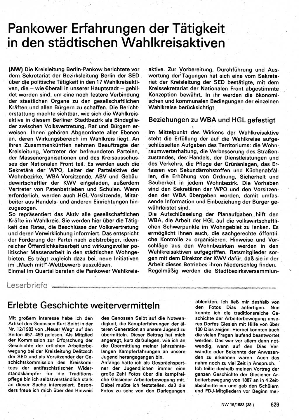 Neuer Weg (NW), Organ des Zentralkomitees (ZK) der SED (Sozialistische Einheitspartei Deutschlands) für Fragen des Parteilebens, 38. Jahrgang [Deutsche Demokratische Republik (DDR)] 1983, Seite 629 (NW ZK SED DDR 1983, S. 629)
