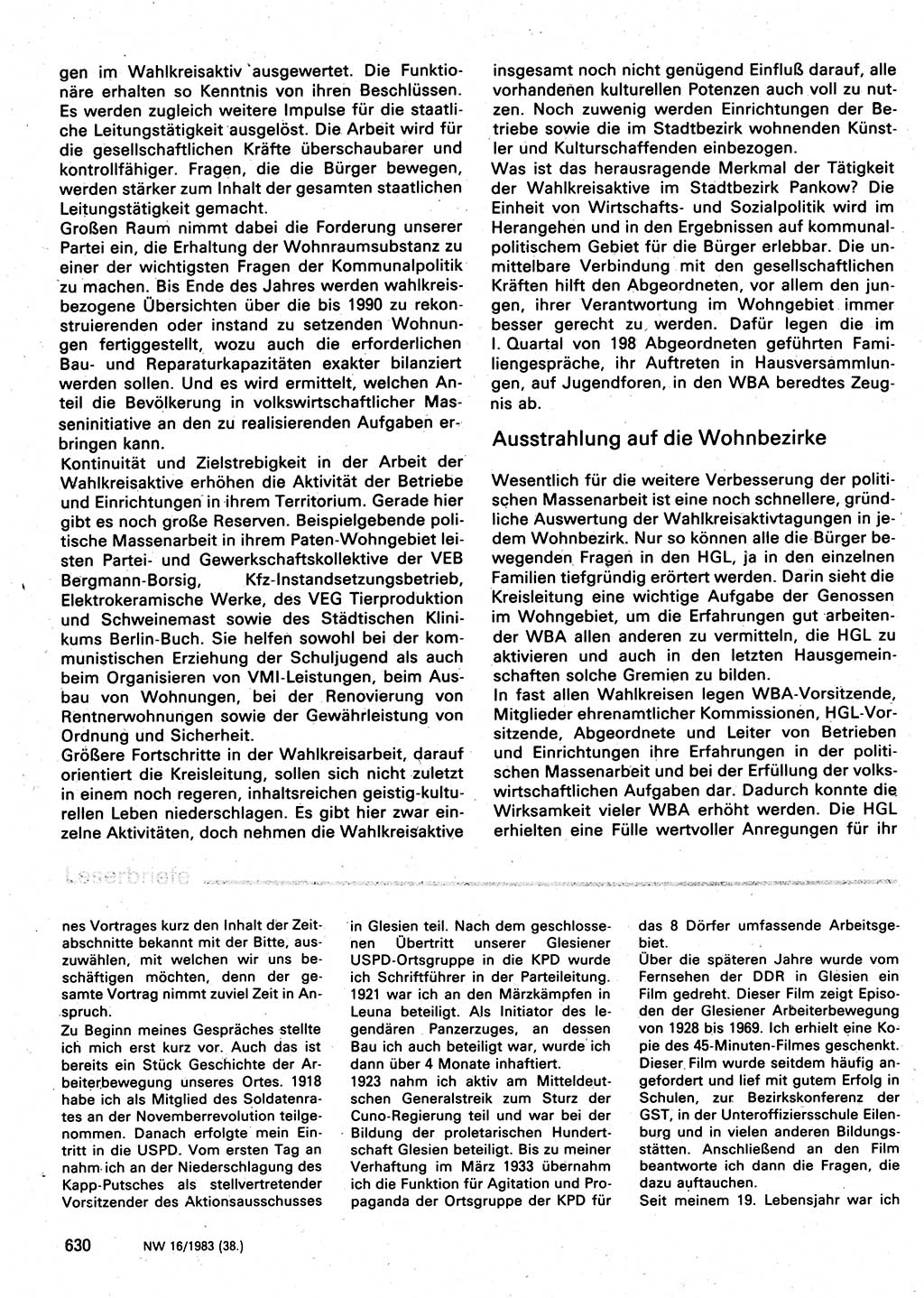 Neuer Weg (NW), Organ des Zentralkomitees (ZK) der SED (Sozialistische Einheitspartei Deutschlands) für Fragen des Parteilebens, 38. Jahrgang [Deutsche Demokratische Republik (DDR)] 1983, Seite 630 (NW ZK SED DDR 1983, S. 630)