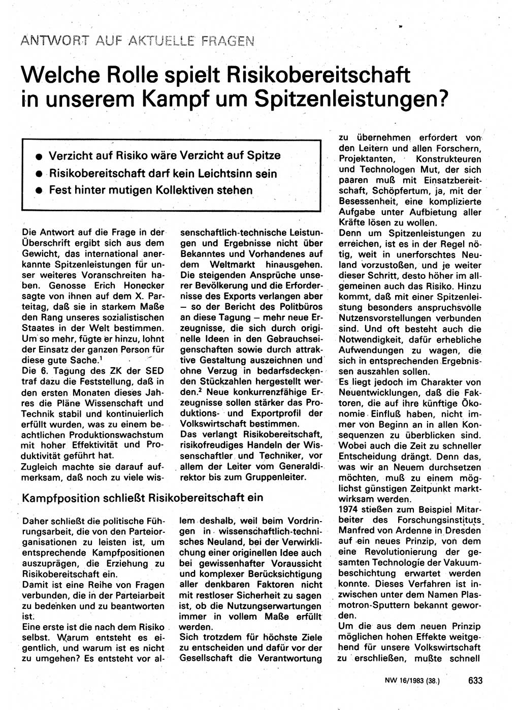 Neuer Weg (NW), Organ des Zentralkomitees (ZK) der SED (Sozialistische Einheitspartei Deutschlands) für Fragen des Parteilebens, 38. Jahrgang [Deutsche Demokratische Republik (DDR)] 1983, Seite 633 (NW ZK SED DDR 1983, S. 633)